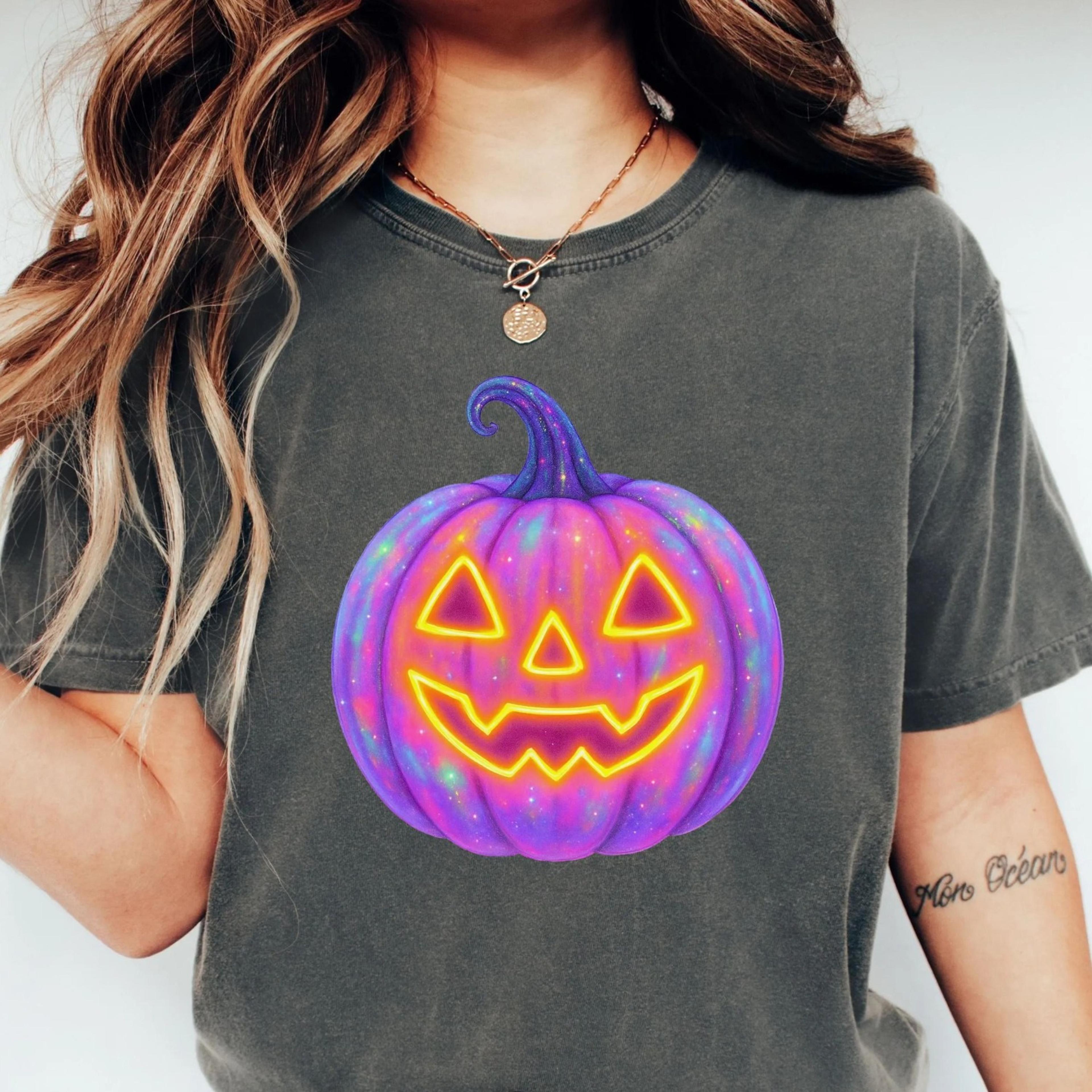 pumpkin halloween shirt, galaxy jack o lantern tee, neon pumpkin shirt, spooky season shirt, cute halloween tee, fall gi