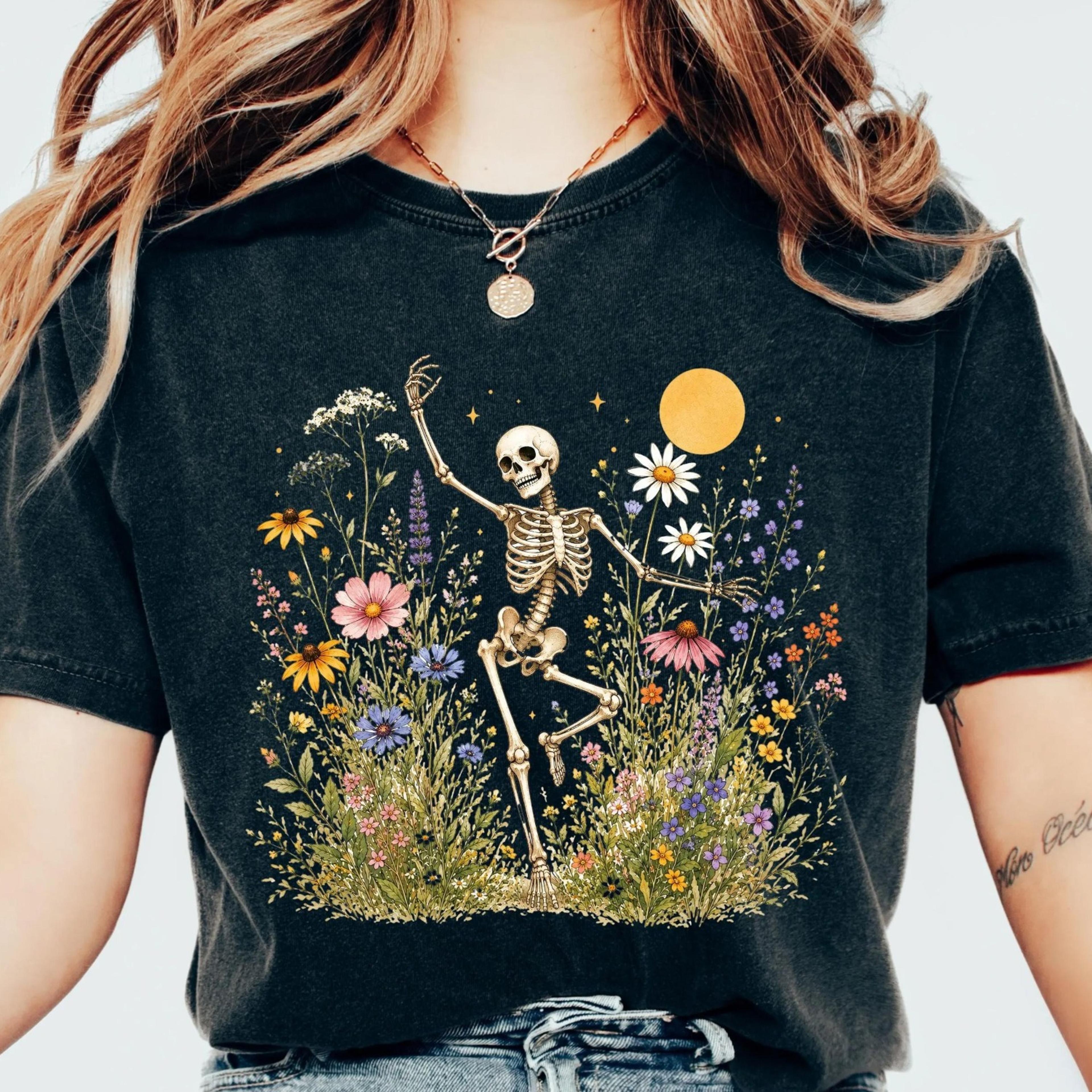 dancing skeleton wildflower shirt, floral skeleton tee, cottagecore halloween shirt