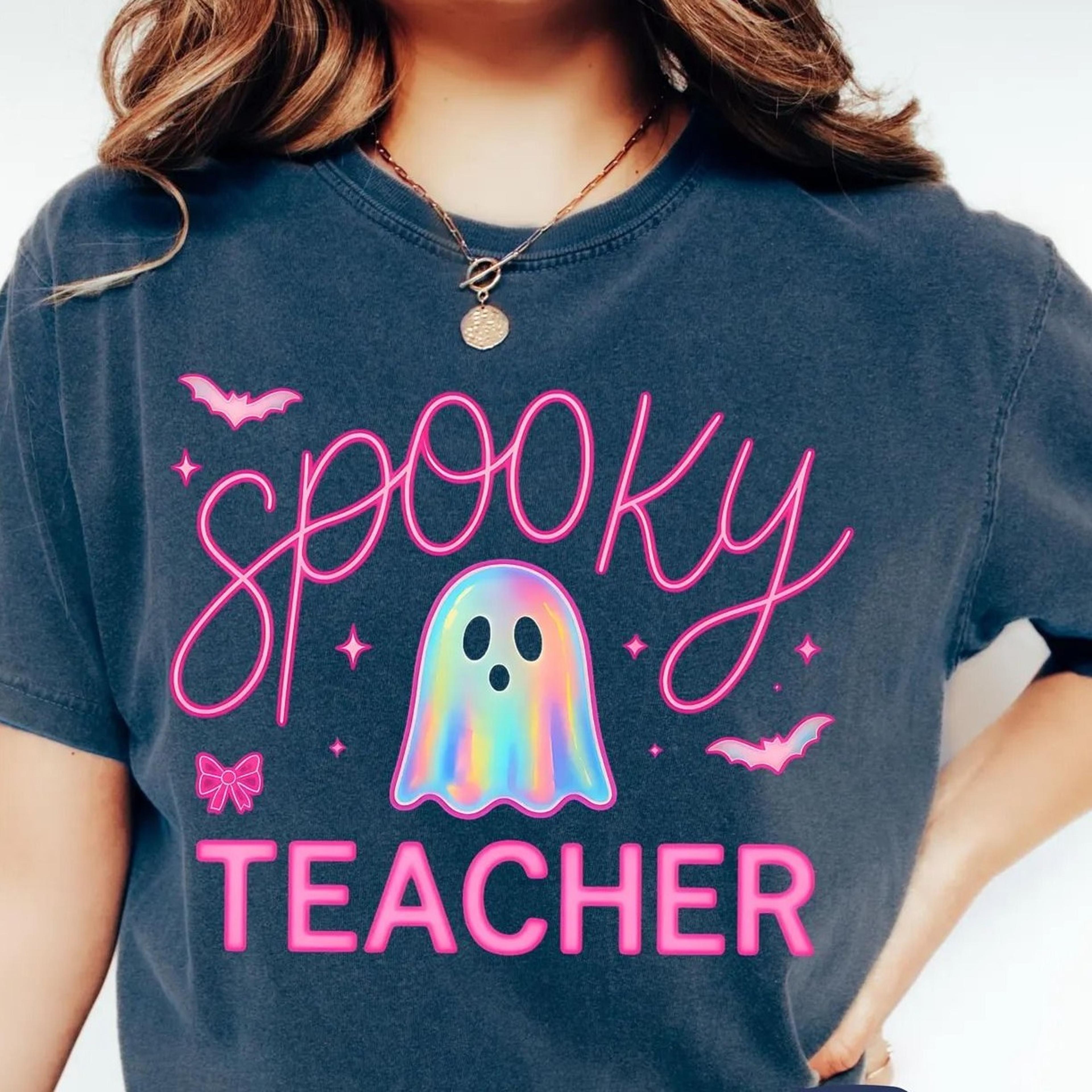 spooky teacher shirt – neon ghost halloween tee for educators | cute glow-inspired october shirt |