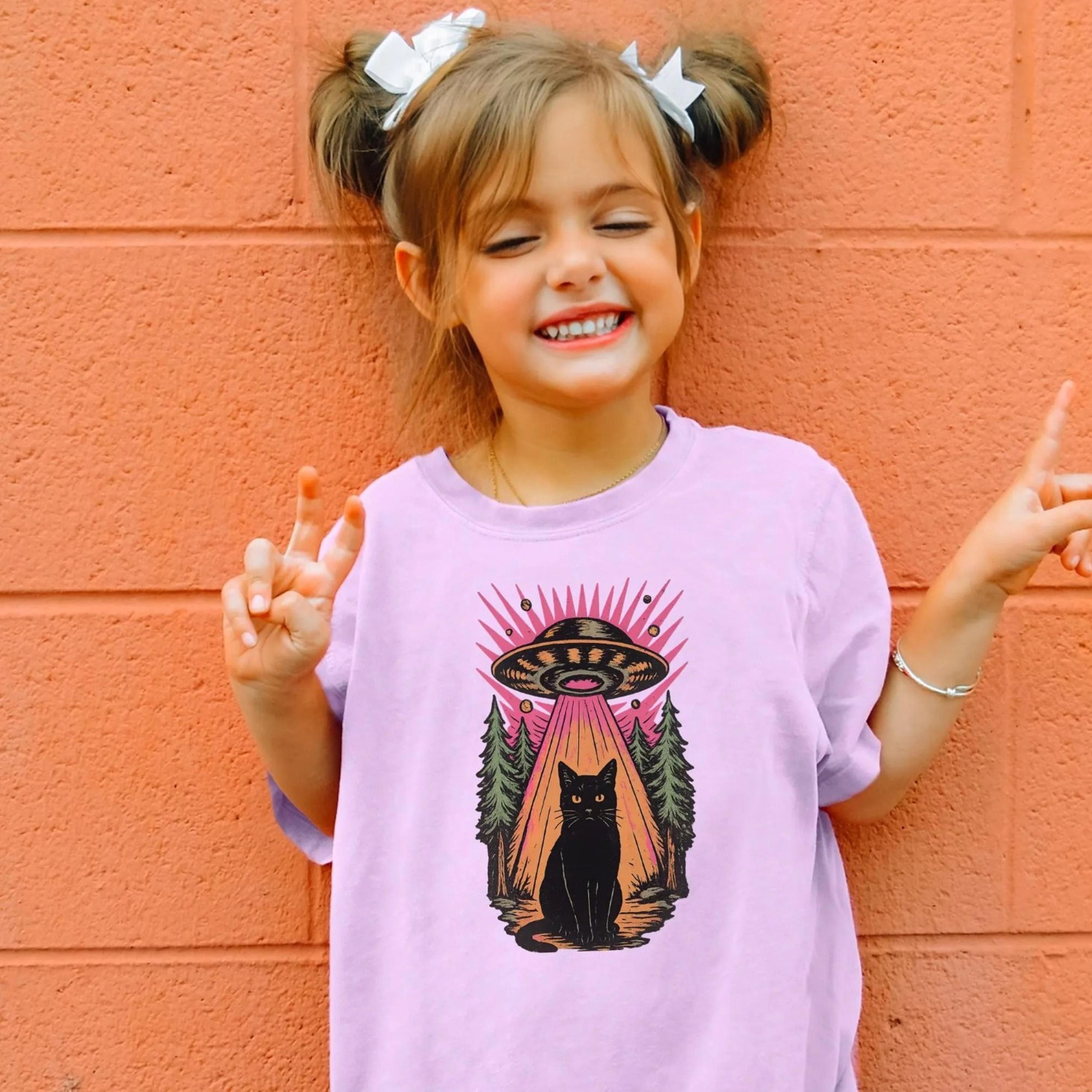ufo cat abduction youth comfort colors shirt funny alien cat graphic tee retro sci fi kids shirt cat lover gift
