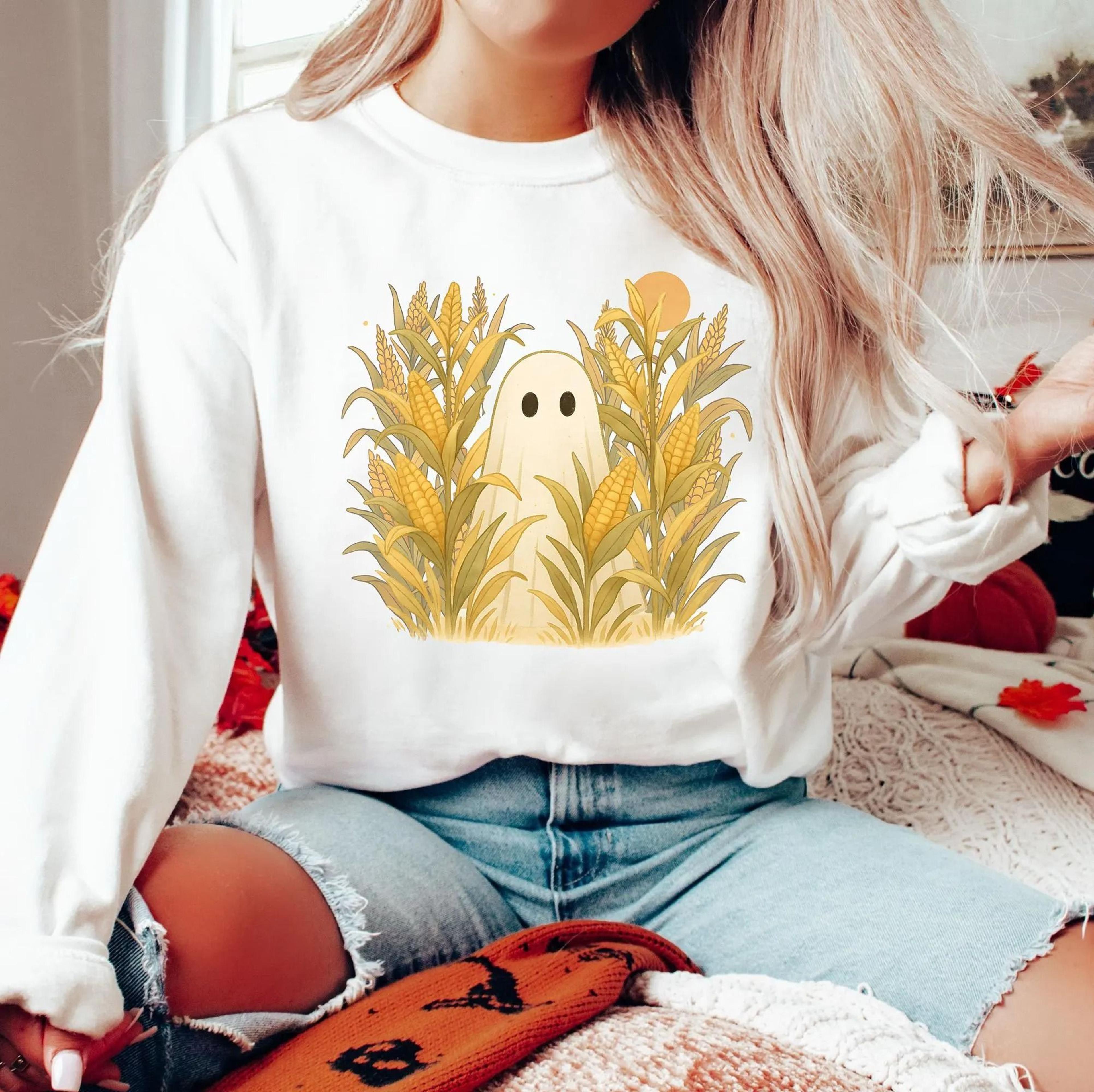 cute ghost in cornfield halloween sweatshirt – fall spooky ghost crewneck – autumn harvest halloween sweater for women &