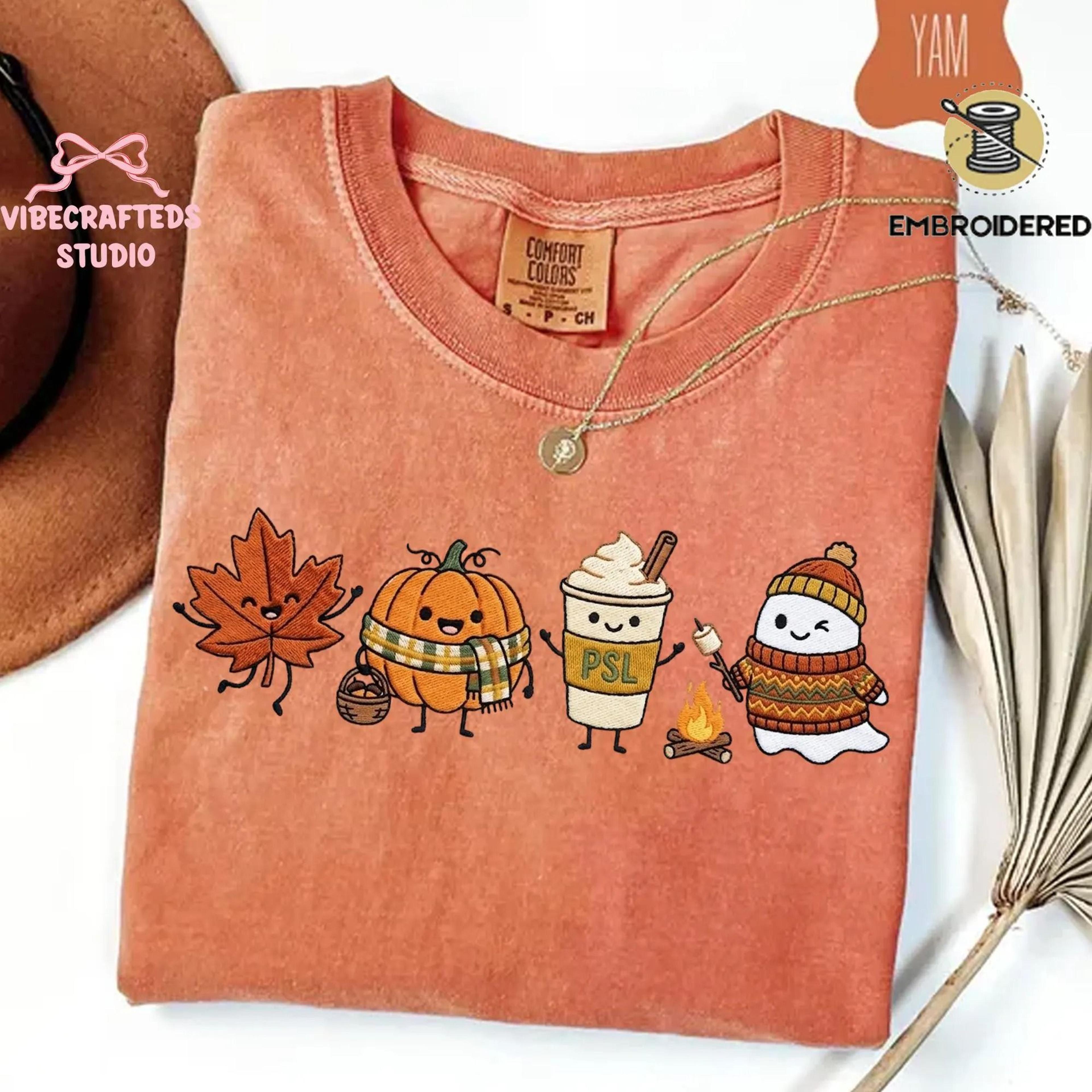 cute fall doodles embroidered shirt autumn pumpkin ghost coffee tee cozy season thanksgiving gift for her