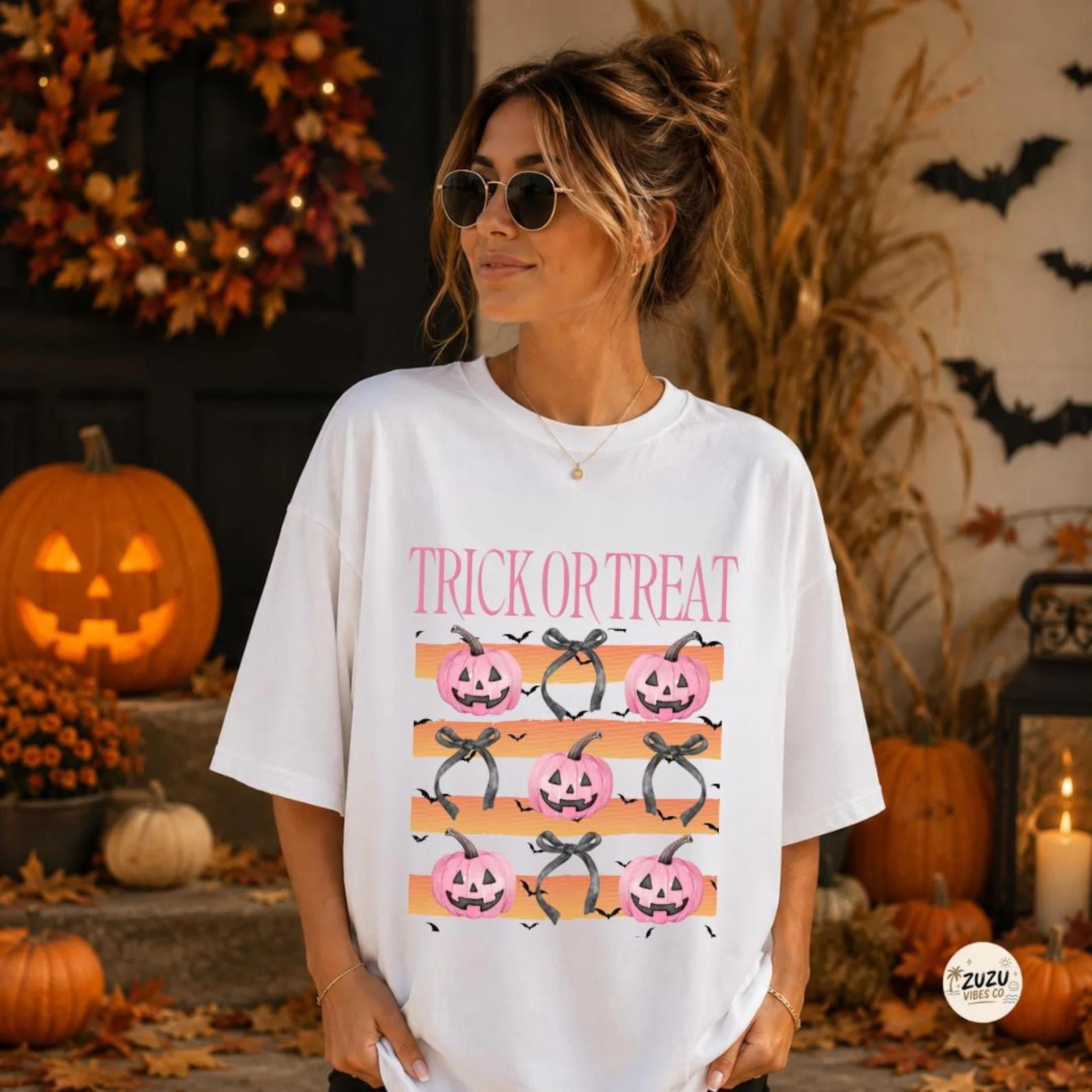 coquette halloween shirt pink pumpkin bow trick or treat tee cute spooky season girly fall halloween gift for her