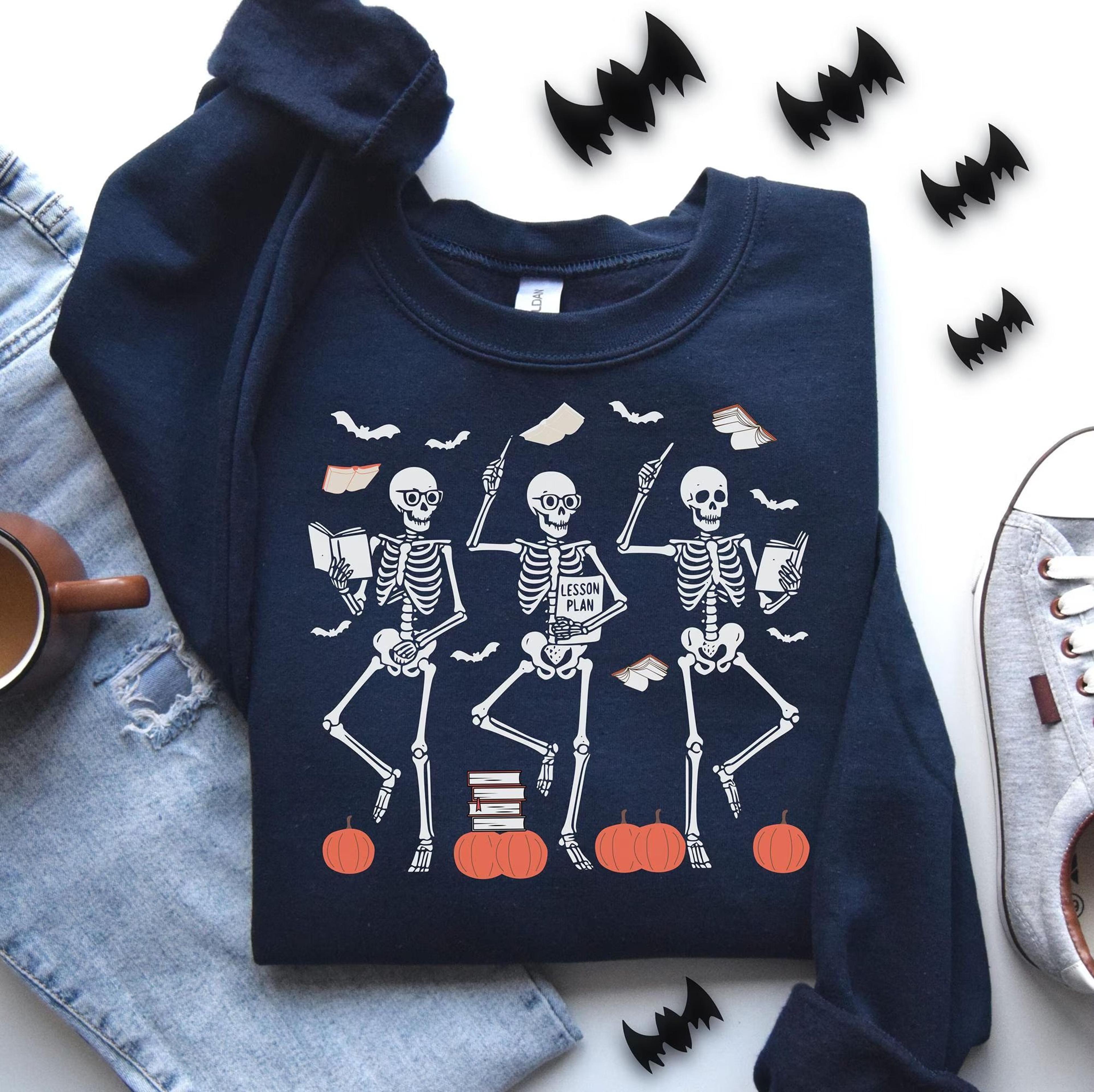 teacher skeleton halloween sweatshirt – dancing skeletons with lesson plan – funny fall teacher gift – cozy spooky seaso