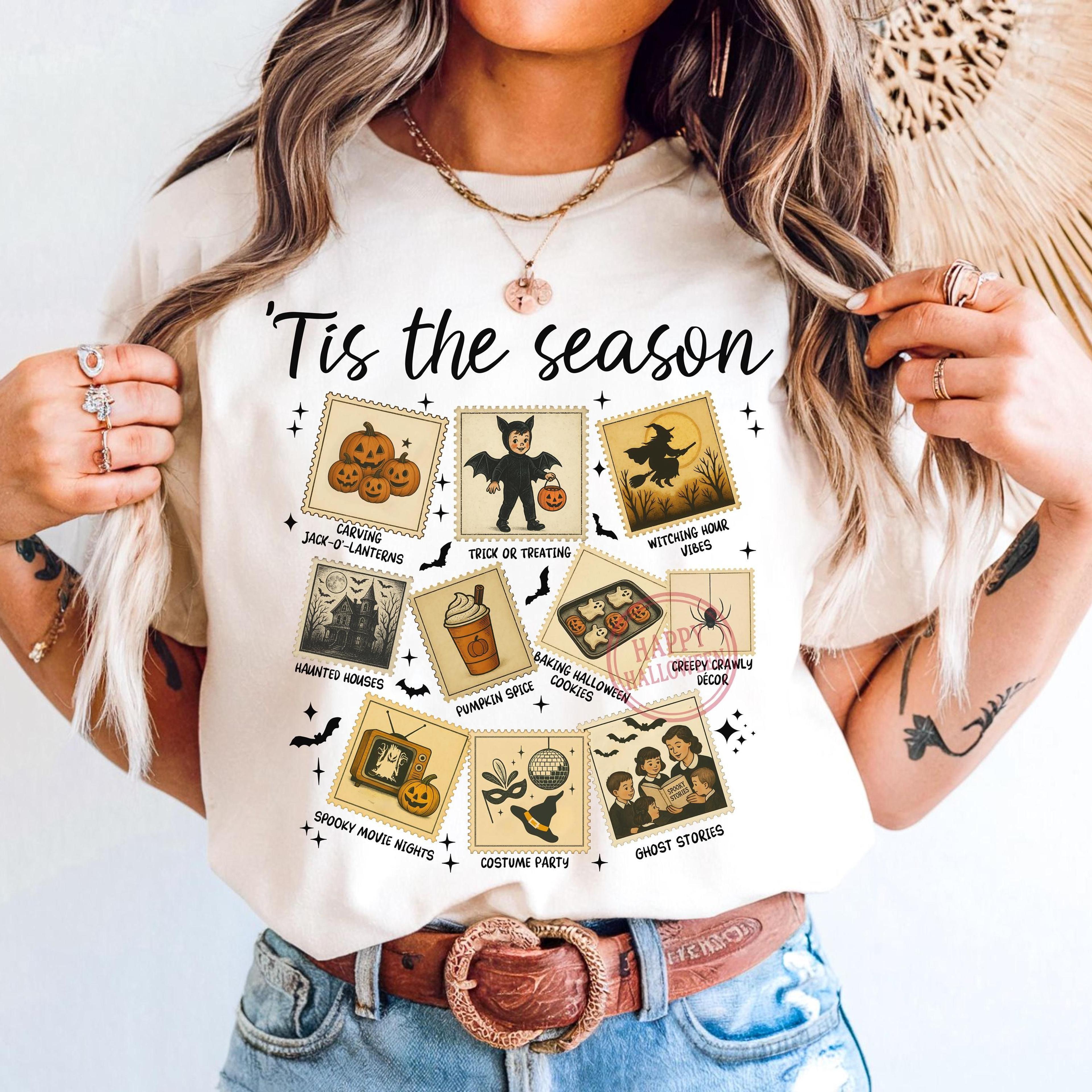 tis the season halloween shirt – vintage postage stamp style fall tee for spooky season lovers