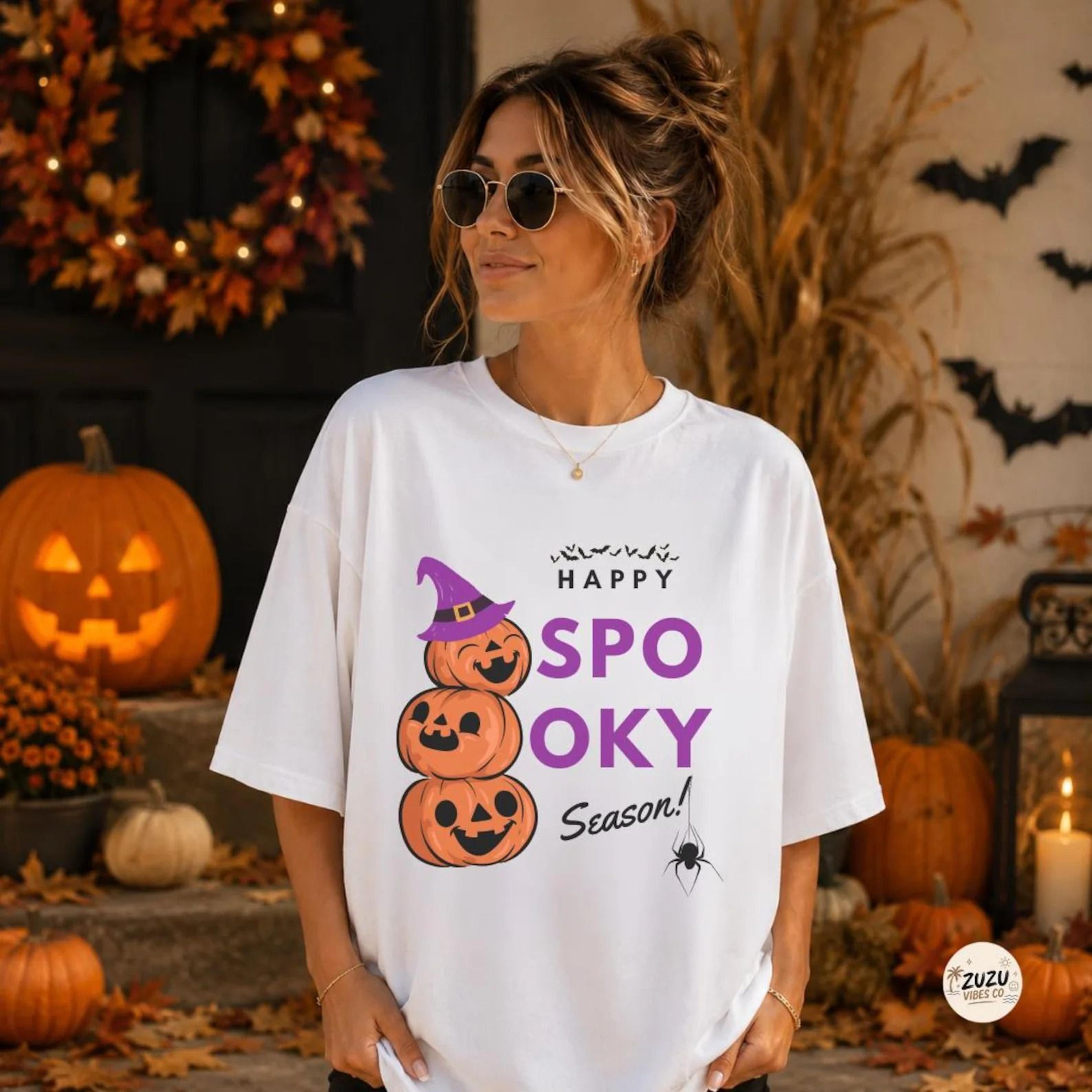 happy spooky season shirt retro halloween ghost pumpkin graphic tee cute fall shirt halloween gift for her