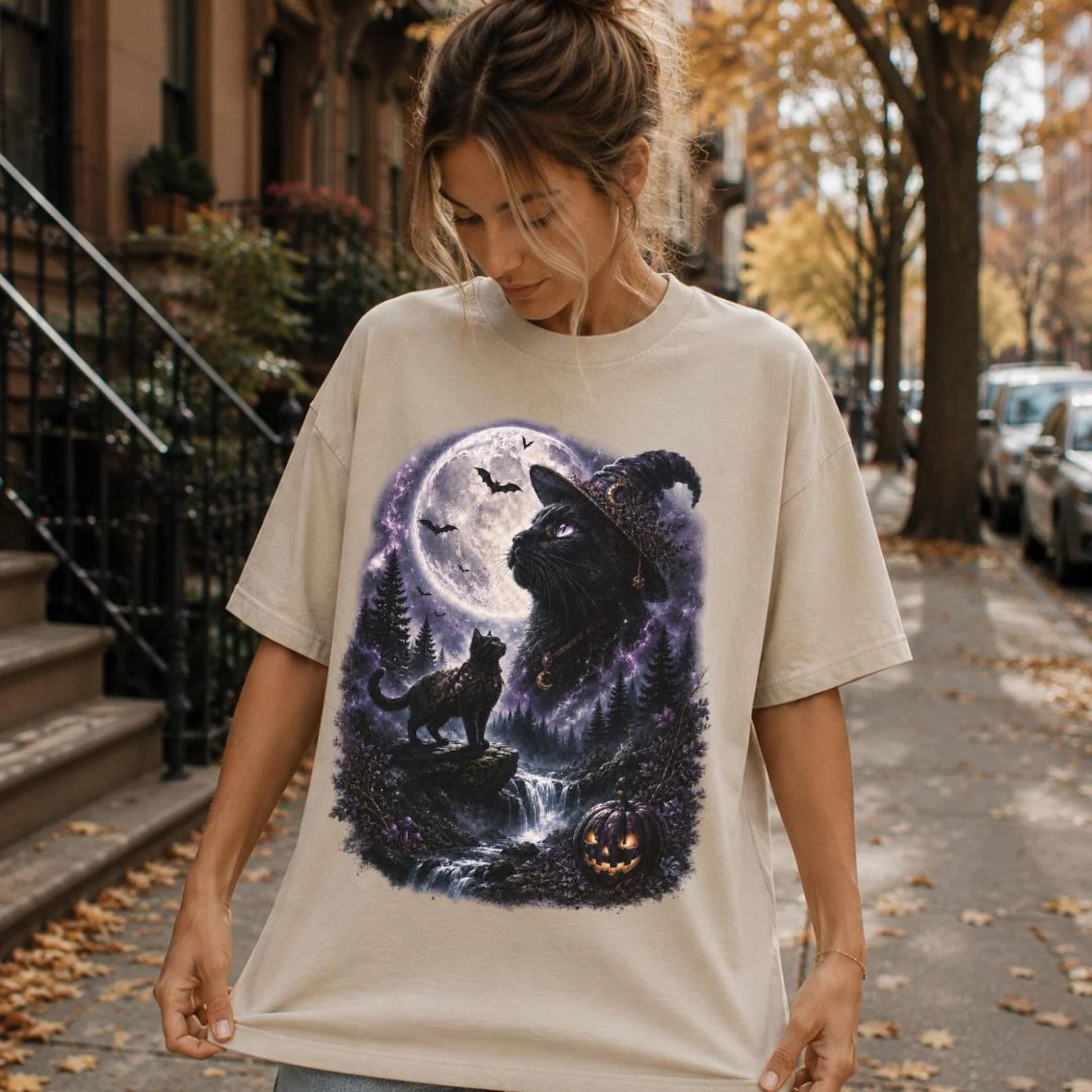 black cat howling at moon shirt witchy cat graphic tee retro halloween shirt spooky cat lover gift for her