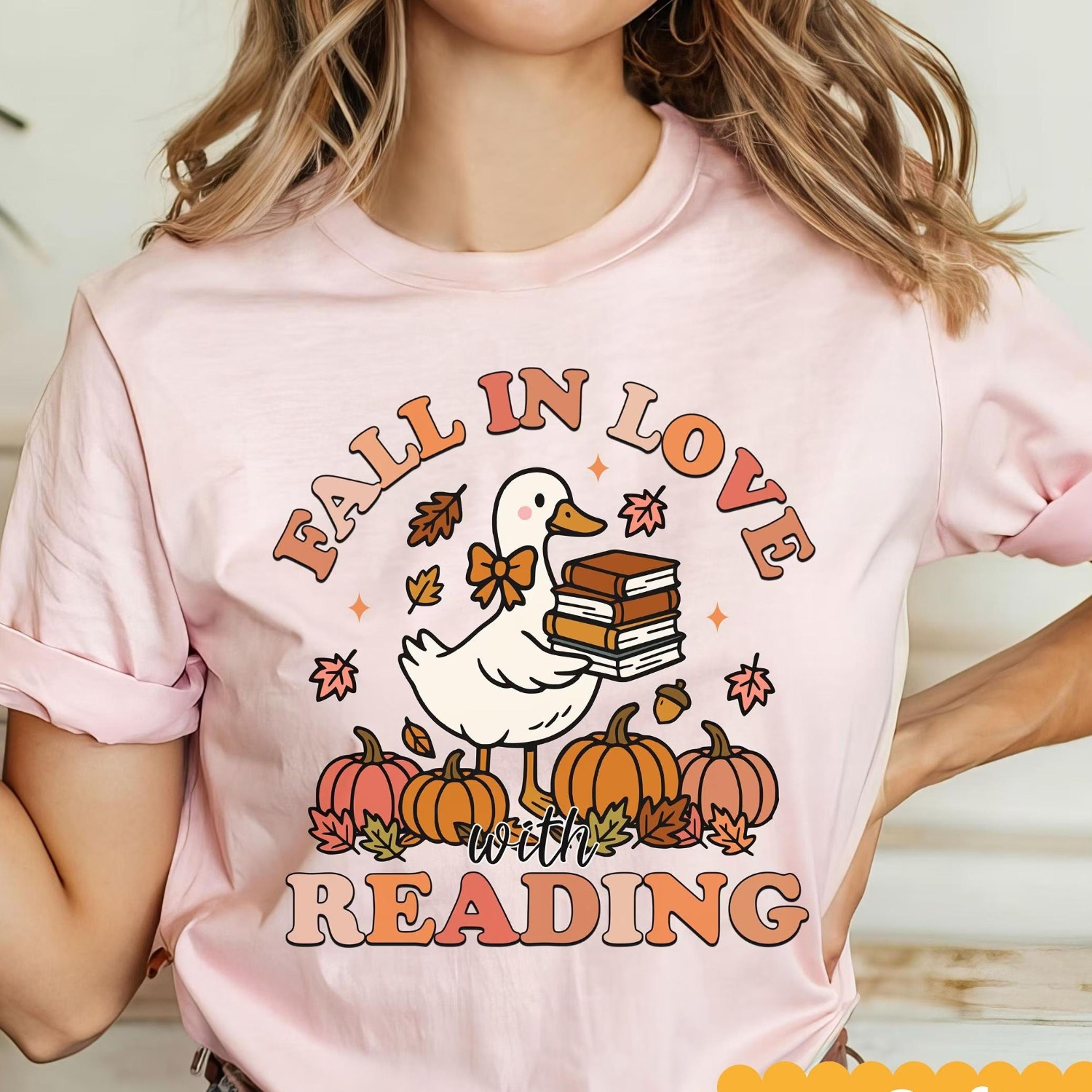 fall in love with reading teacher shirt, goose pumpkin bella canvas tee, autumn teacher shirt, cute fall classroom outfi