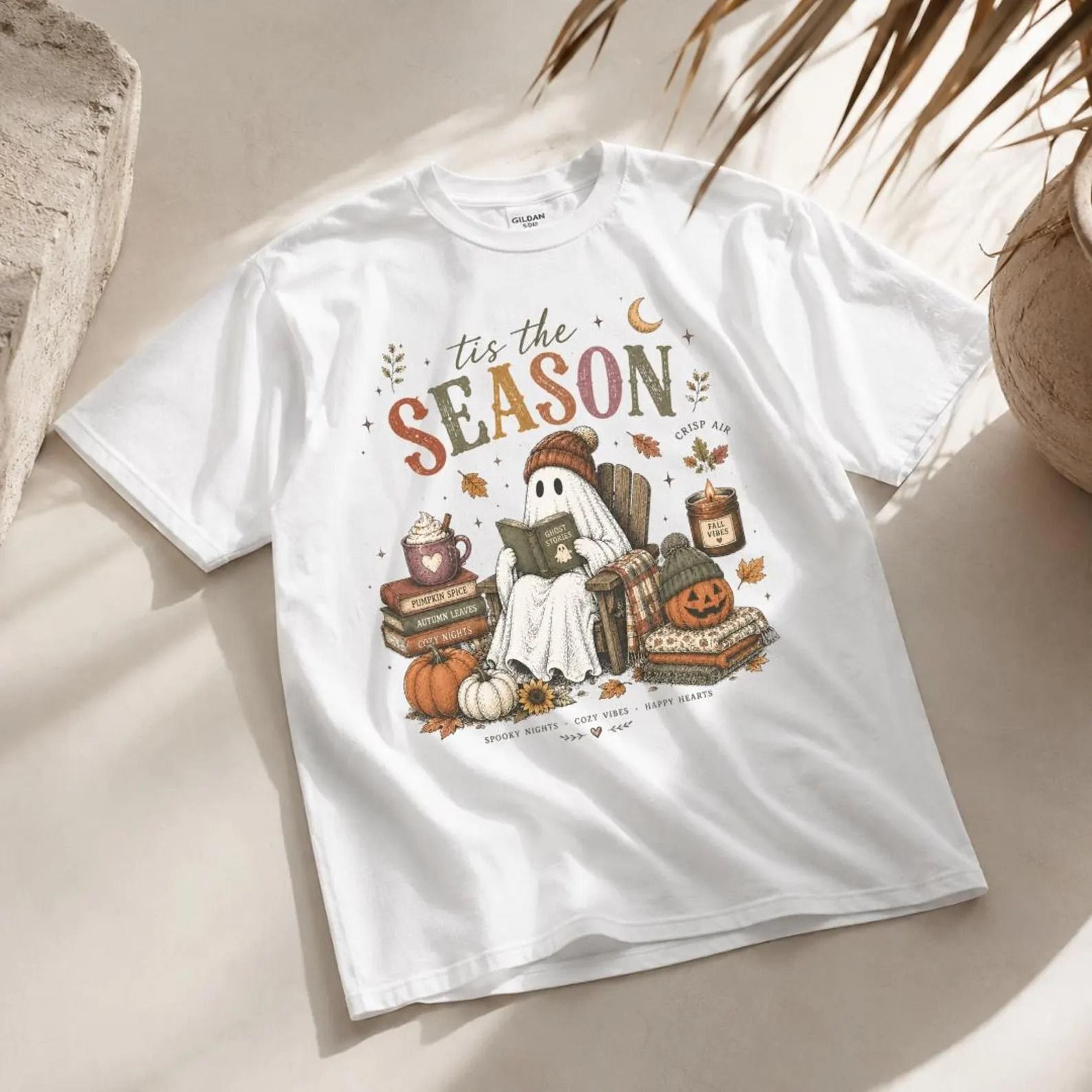 cozy ghost tis the season halloween shirt retro ghost trio pumpkin graphic tee spooky season fall gift for her