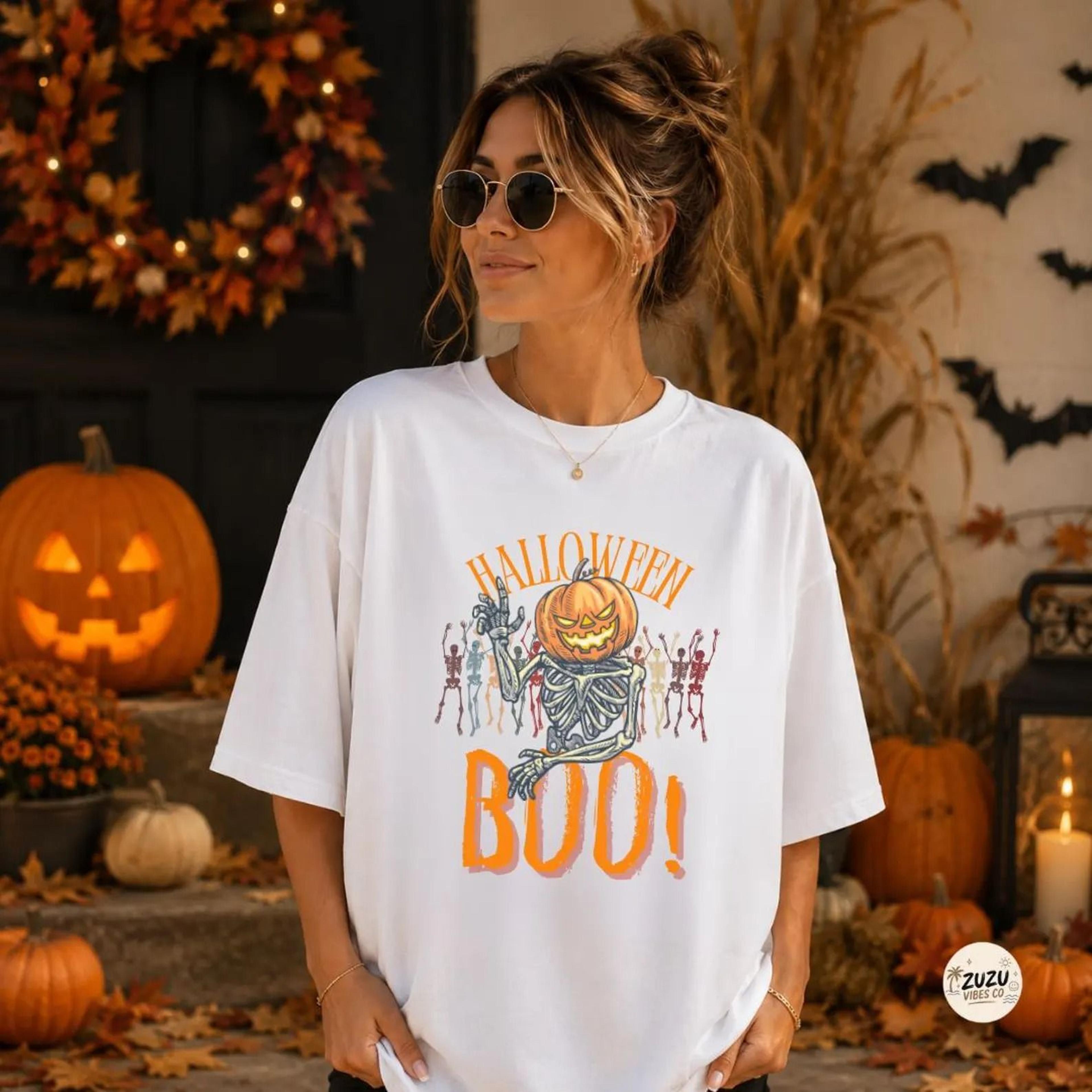 funny halloween pumpkin skeleton shirt retro spooky graphic tee vintage skeleton fall shirt halloween gift for her