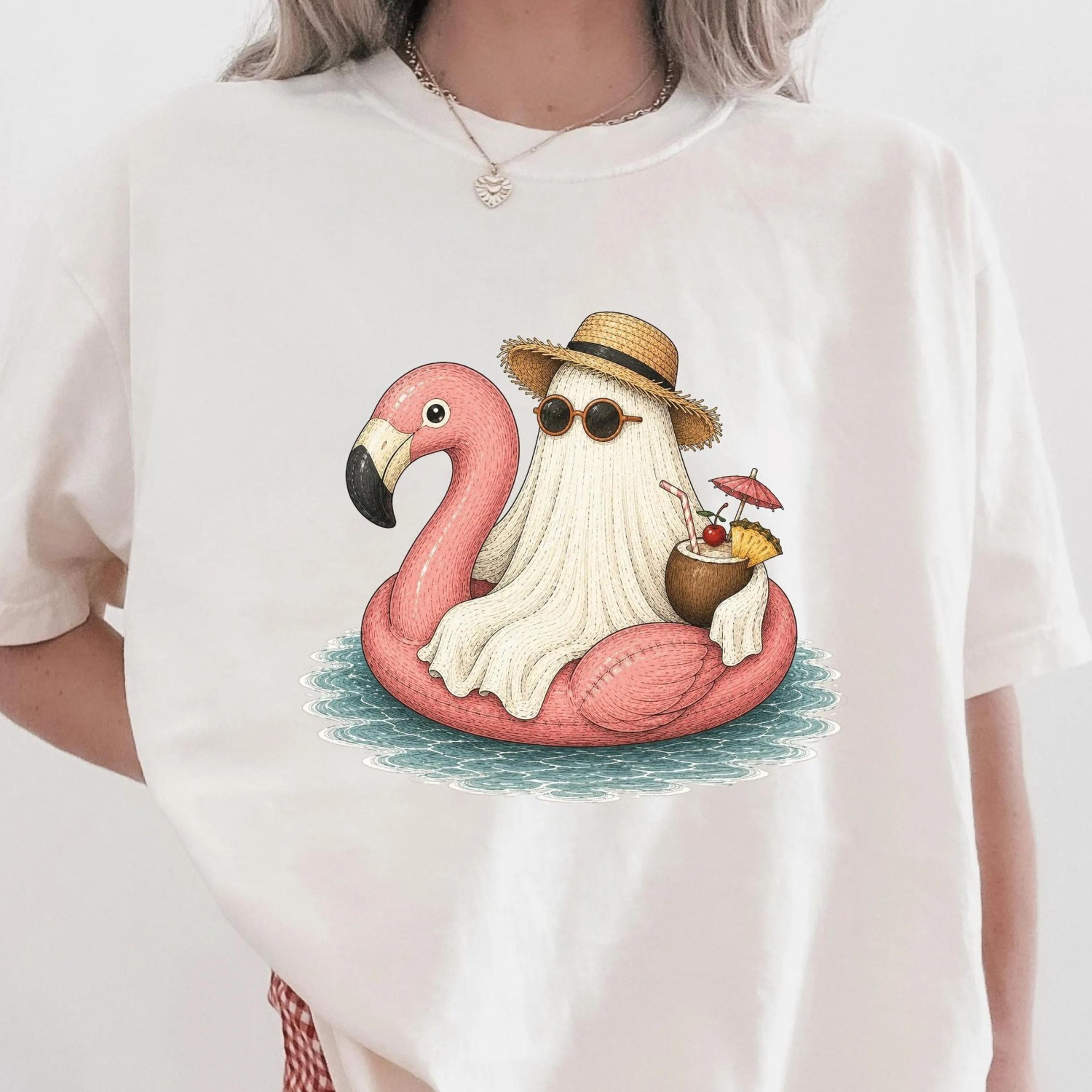 summerween ghost shirt, ghost on flamingo float tee, cute summer ghost shirt, halloween summer shirt
