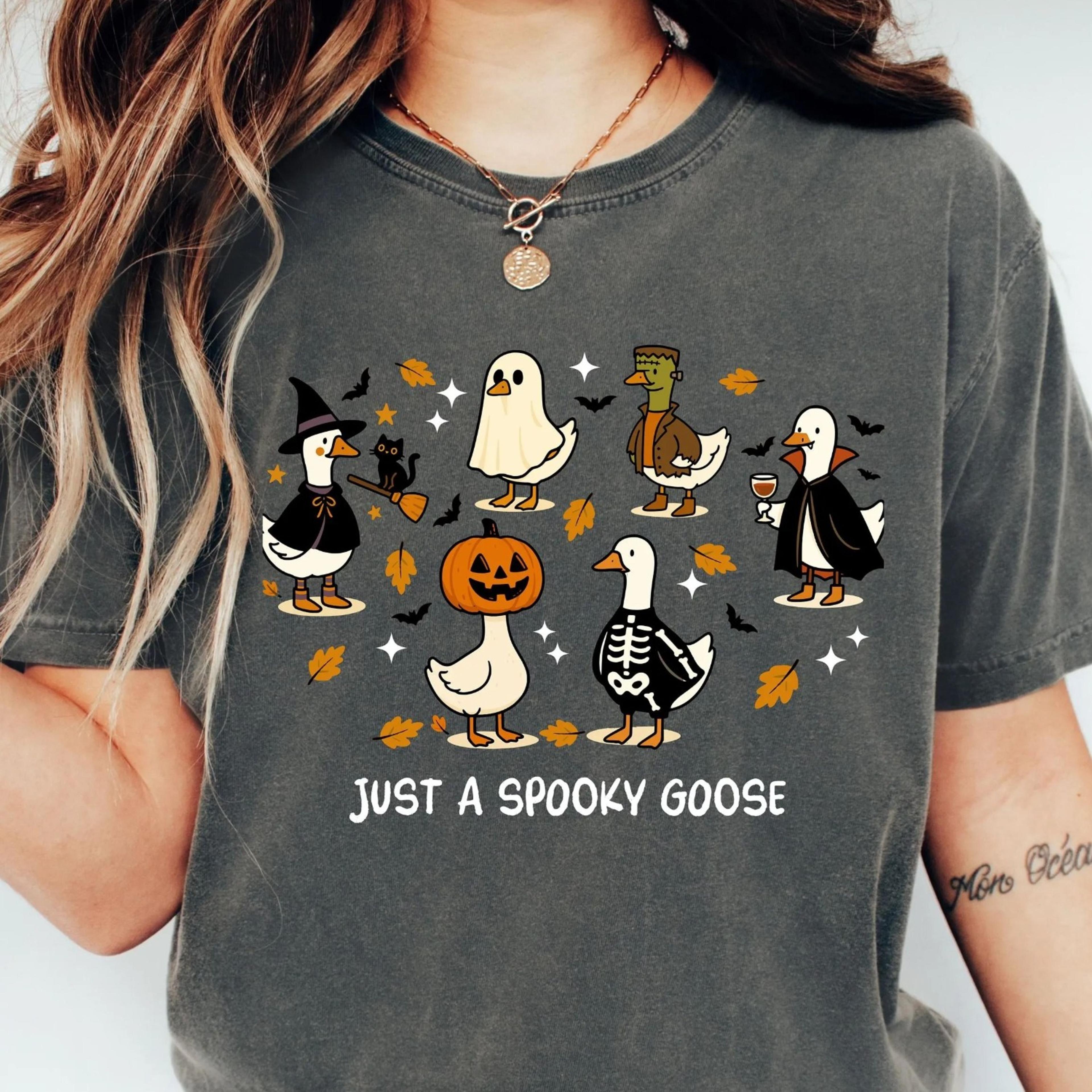 just a spooky goose shirt, halloween goose shirt, cute goose halloween tee, funny ghost goose shirt