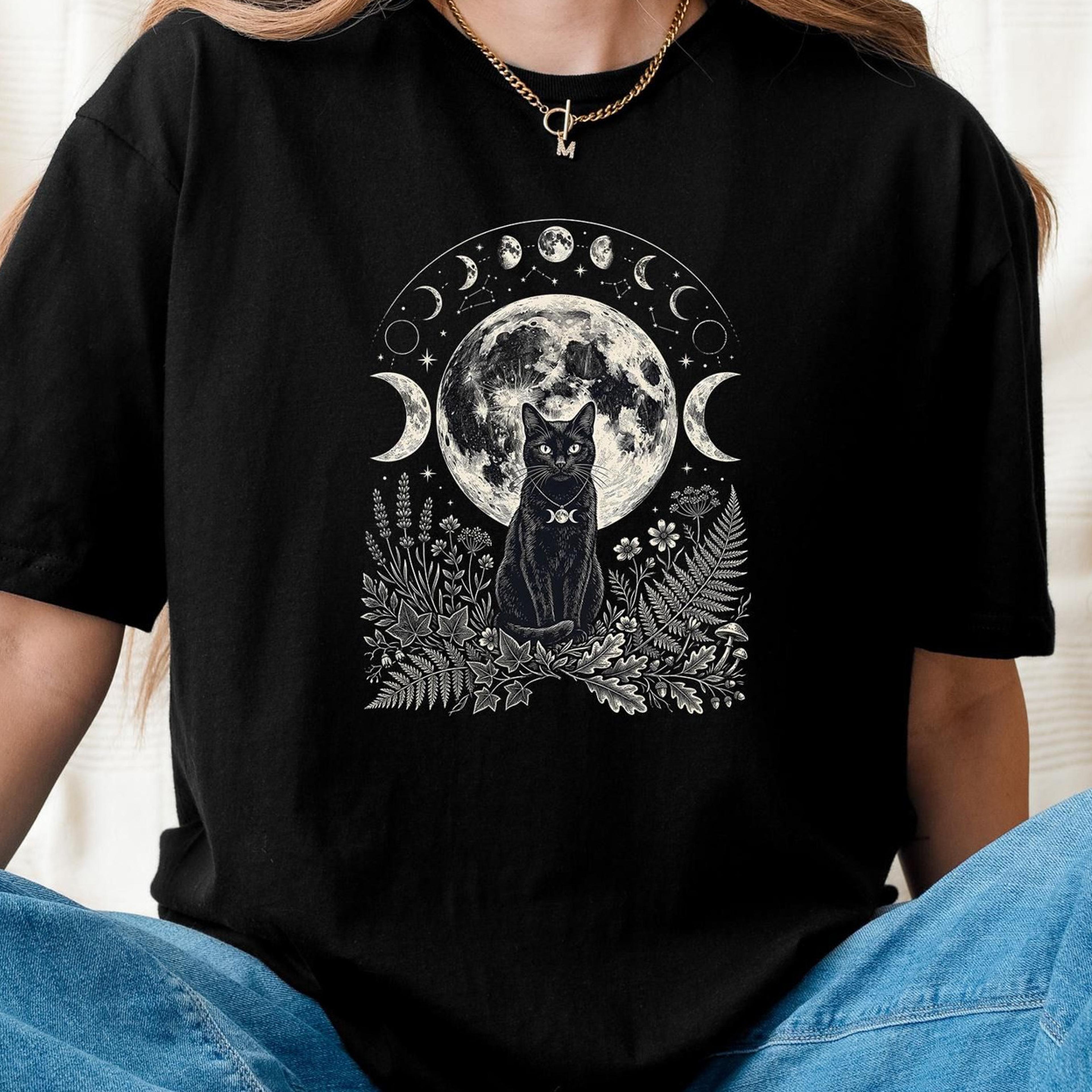 black cat moon shirt witchy halloween spooky cat graphic tee