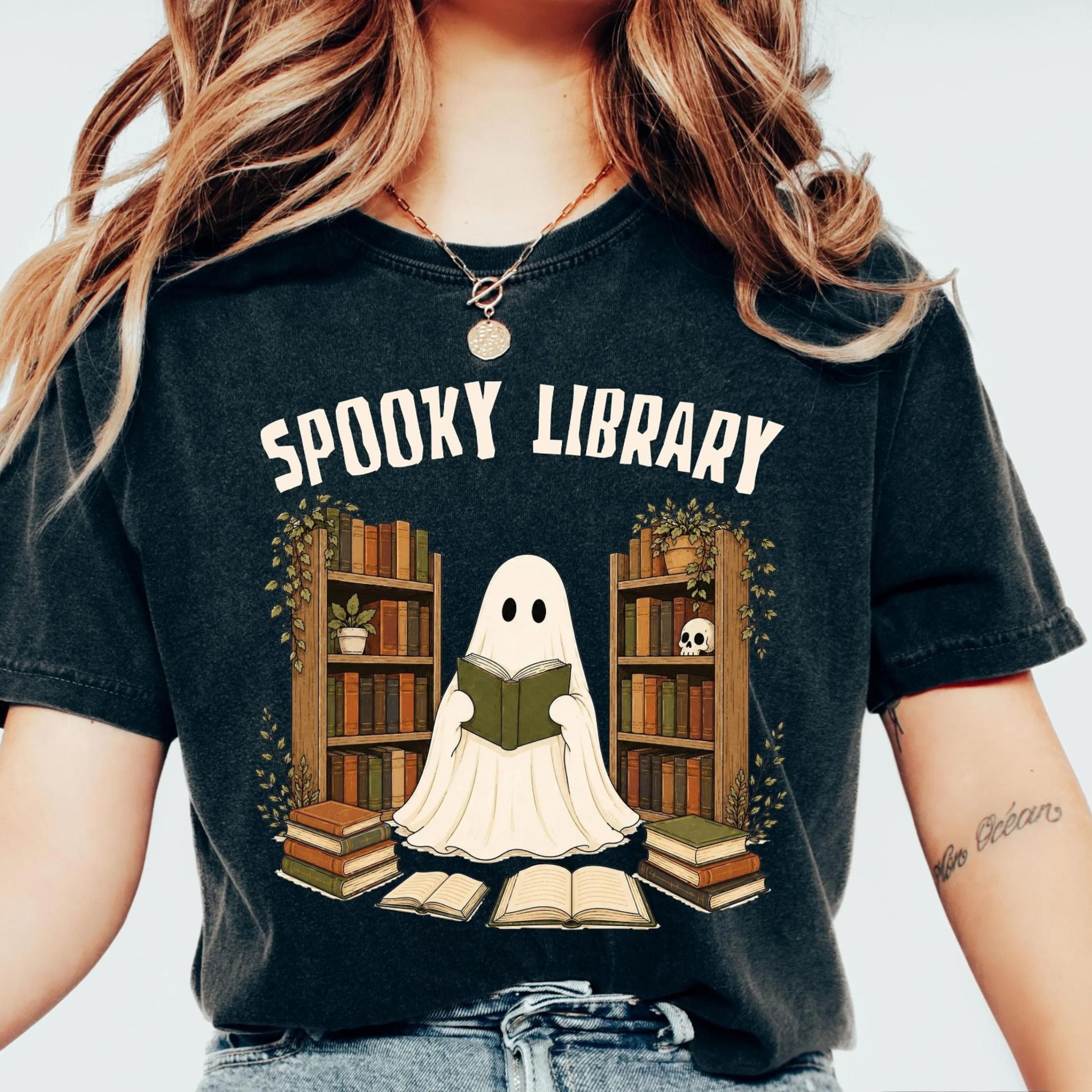 spooky library shirt, ghost reading book shirt, librarian halloween shirt, book lover ghost tee