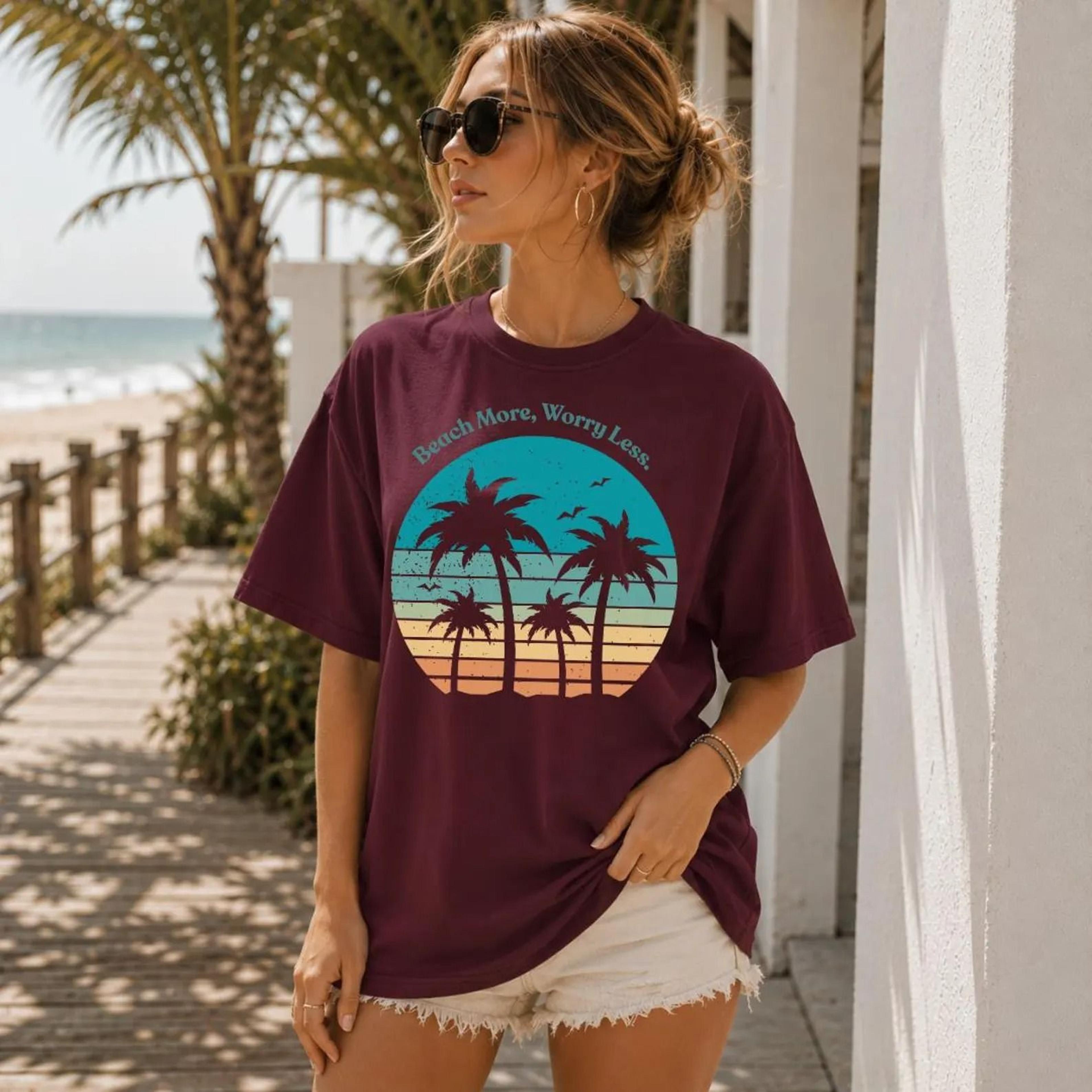 beach more worry less shirt tropical beach graphic tee retro coastal vacation shirt ocean lover summer gift for her
