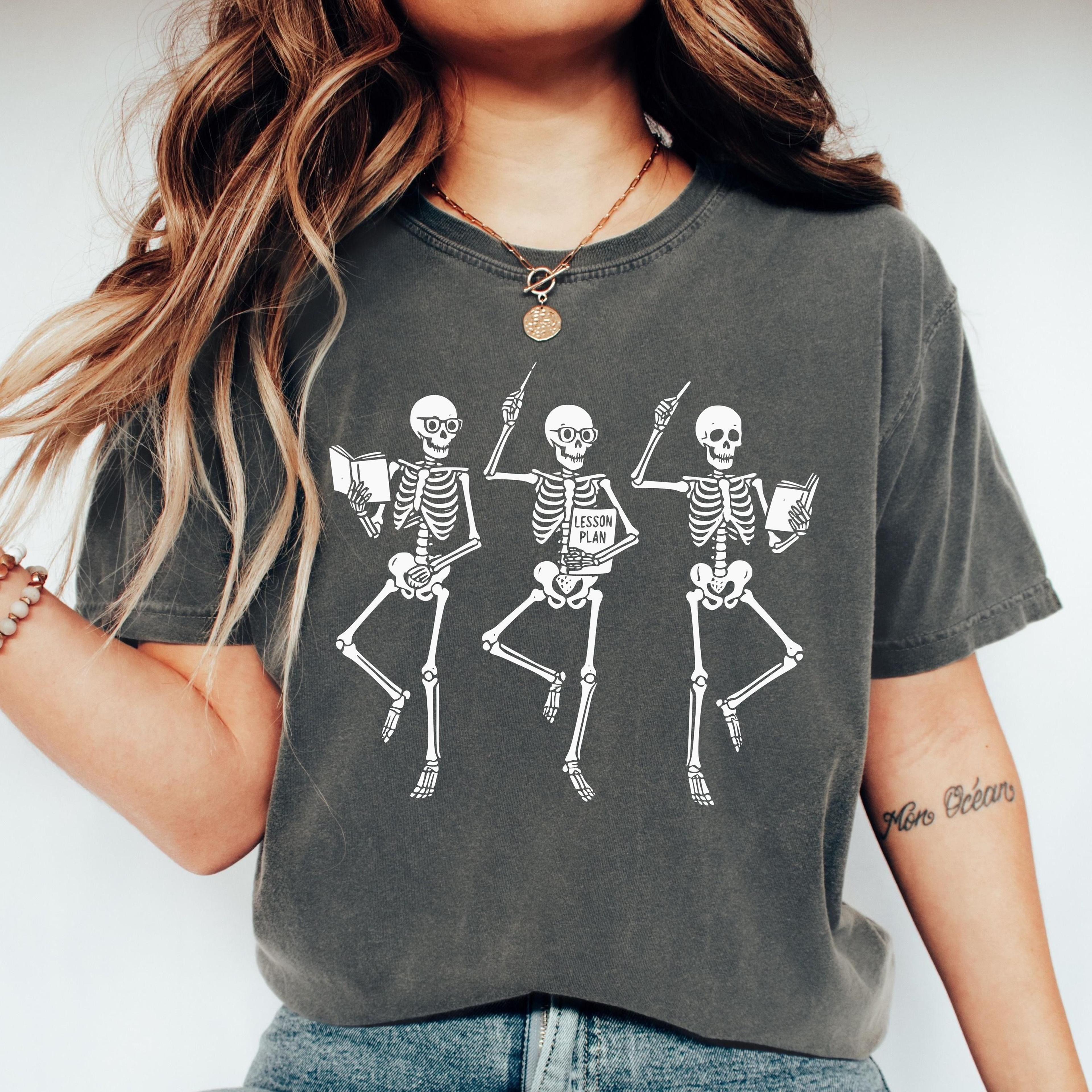 funny teacher halloween tee, retro skeleton dance graphic, spooky teacher shirt