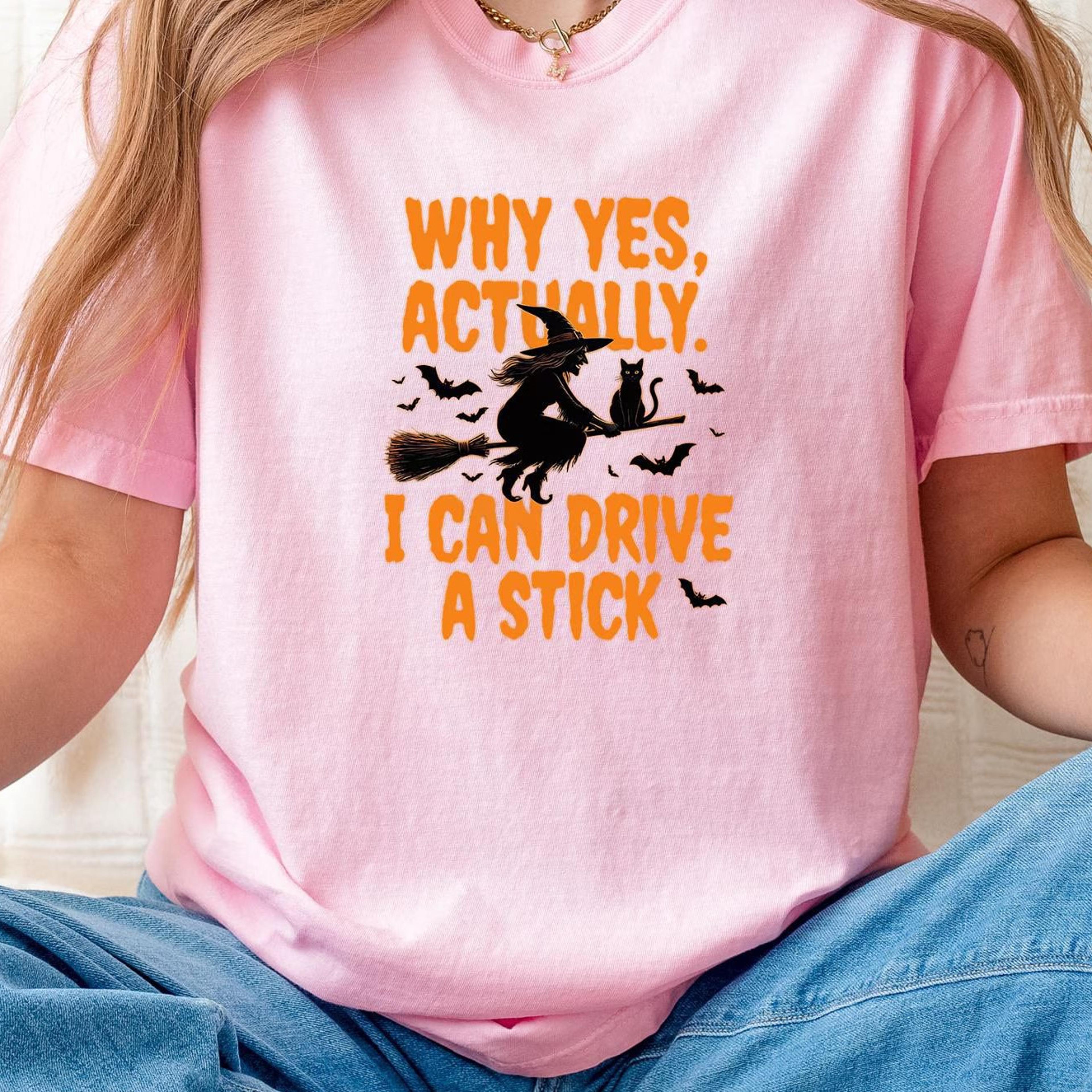 i can drive a stick shirt funny witch halloween graphic tee