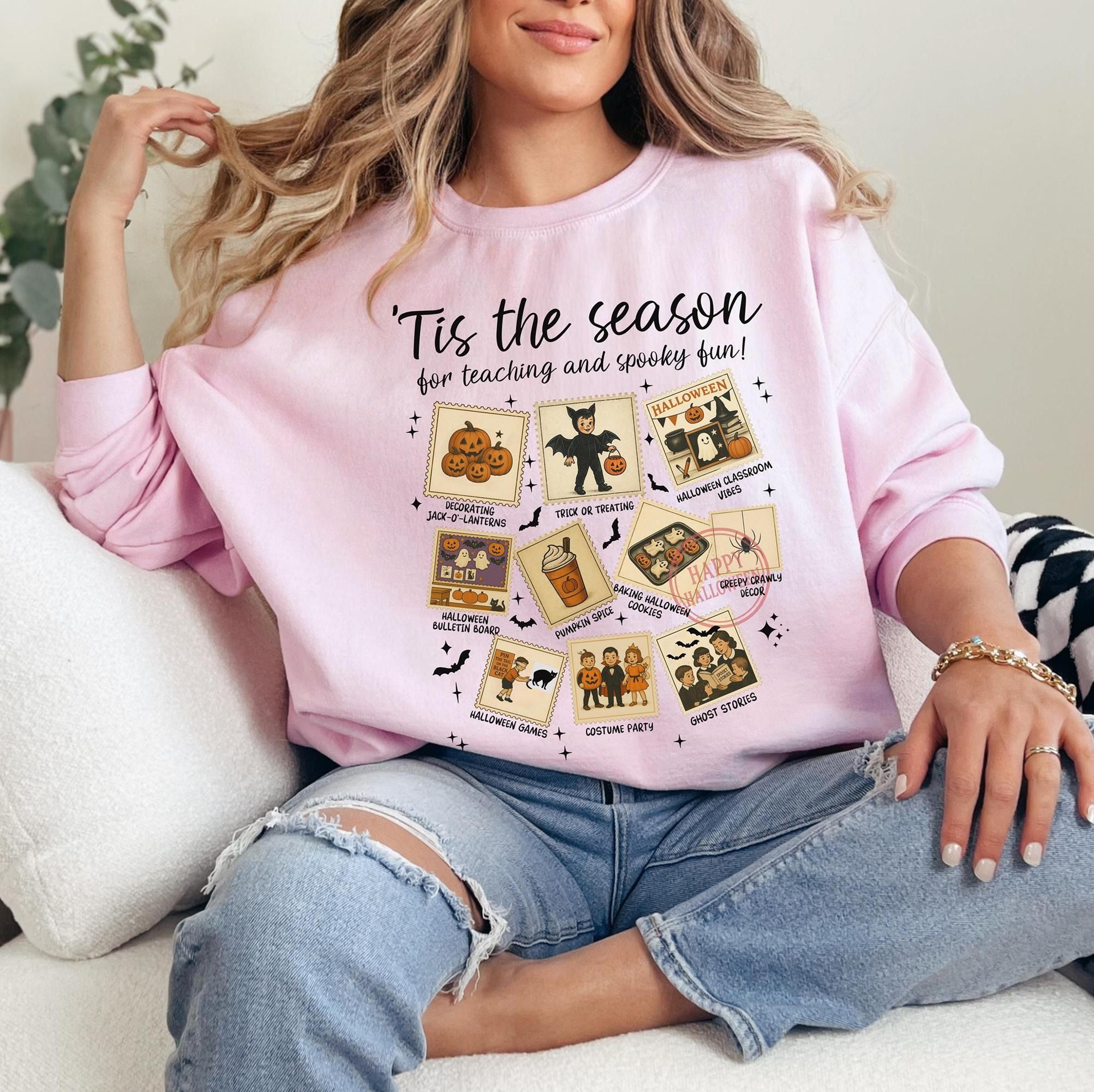 tis the season teacher halloween sweatshirt – spooky fall crewneck – vintage classroom halloween pullover – autumn teach