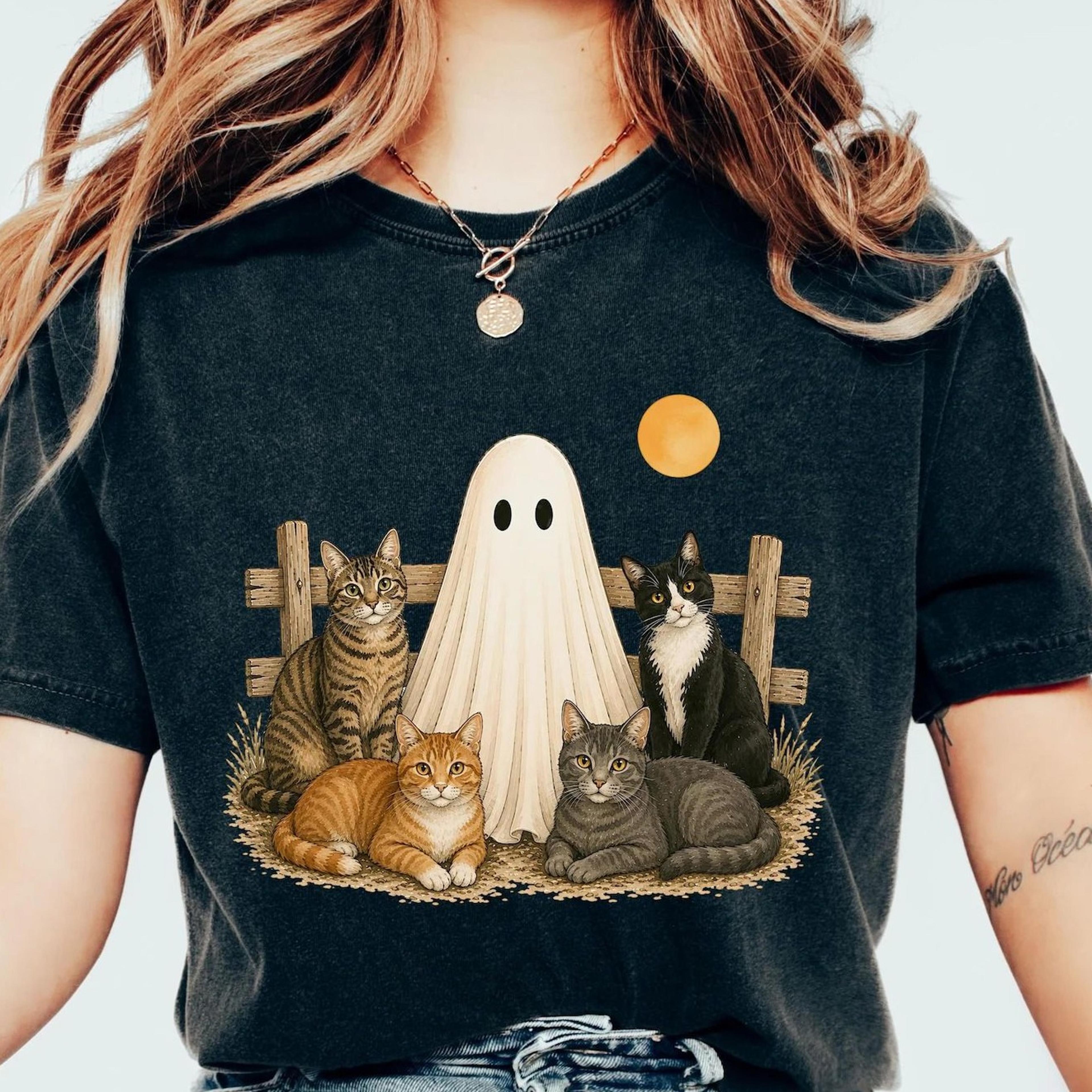 cute halloween cat tee, black cat spooky season shirt, cottagecore fall cat lover graphic tee