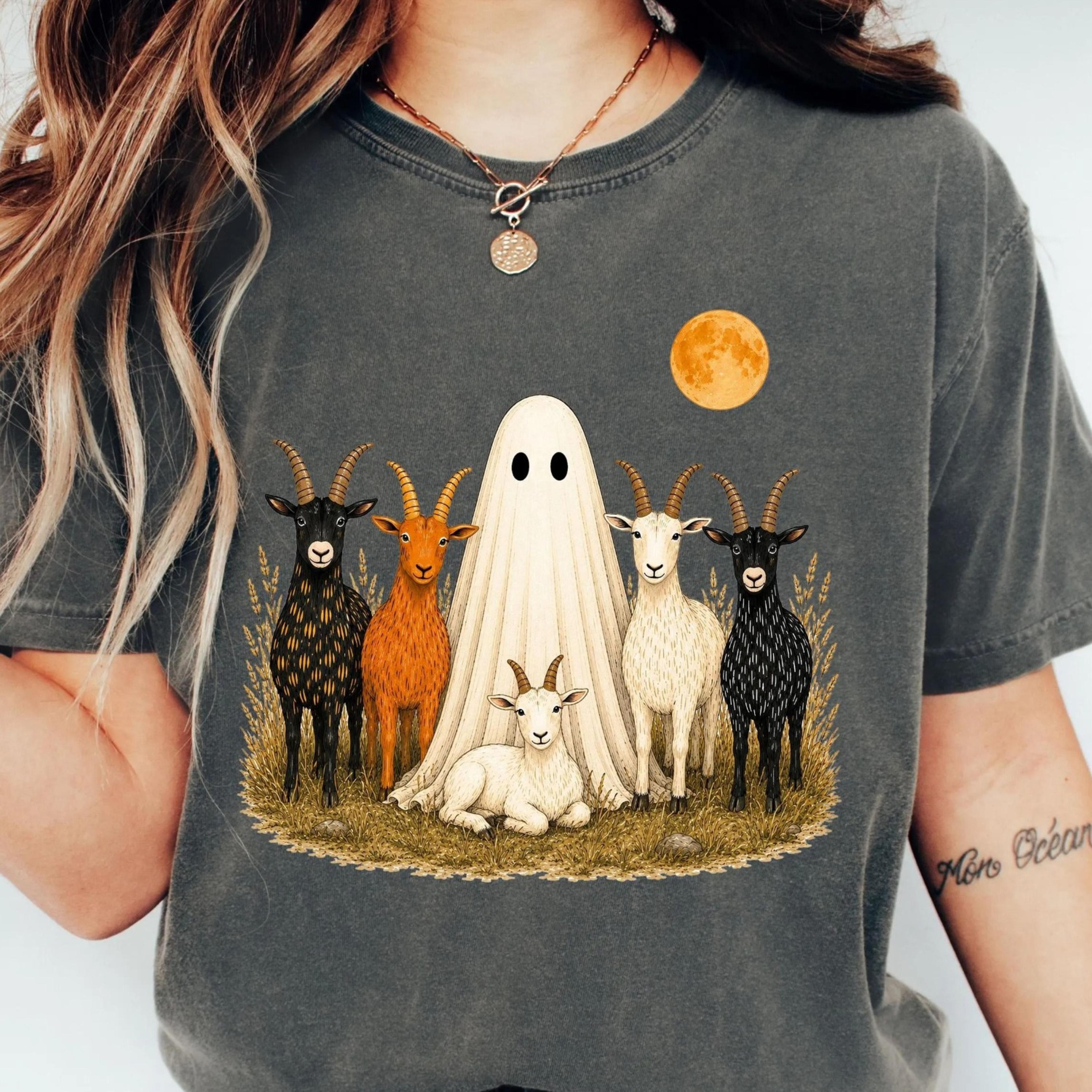 halloween goat tee, farm animal ghost shirt, cottagecore spooky season fall tee