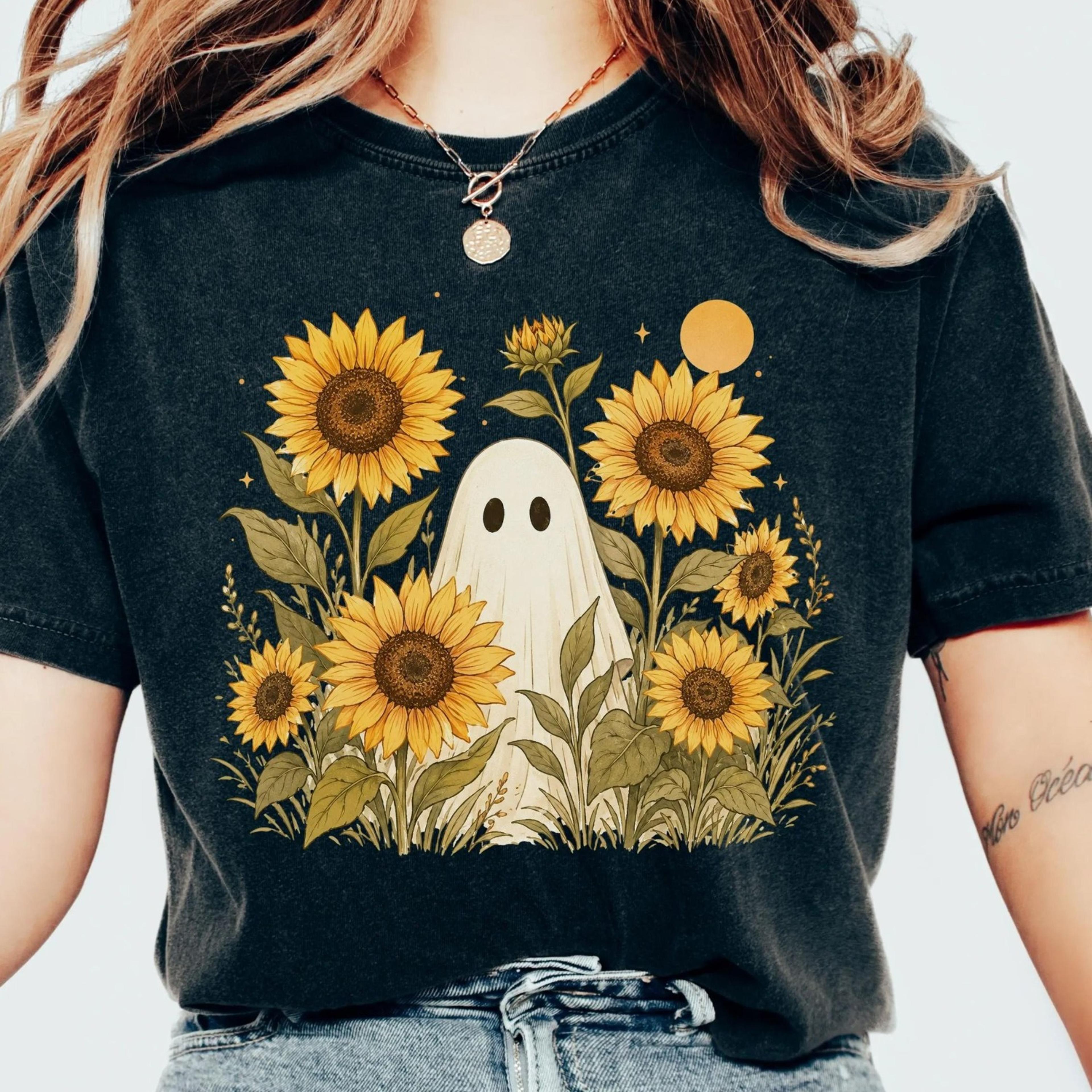 ghost sunflower shirt, cute halloween ghost tee, fall sunflower shirt, autumn