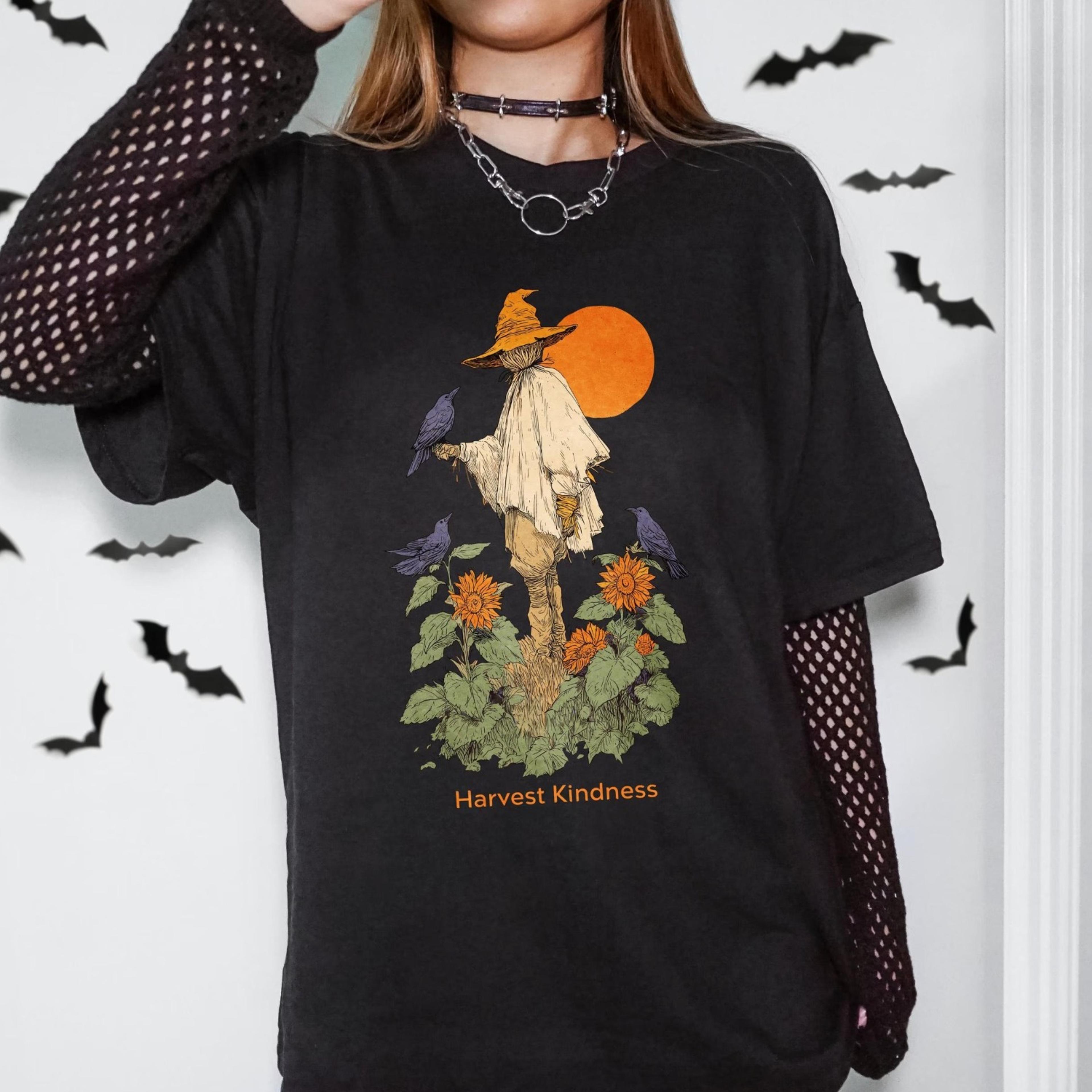harvest kindness halloween scarecrow sweatshirt hoodie shirt, cottagecore crow graphic tee, cozy fall farm pullover, whi