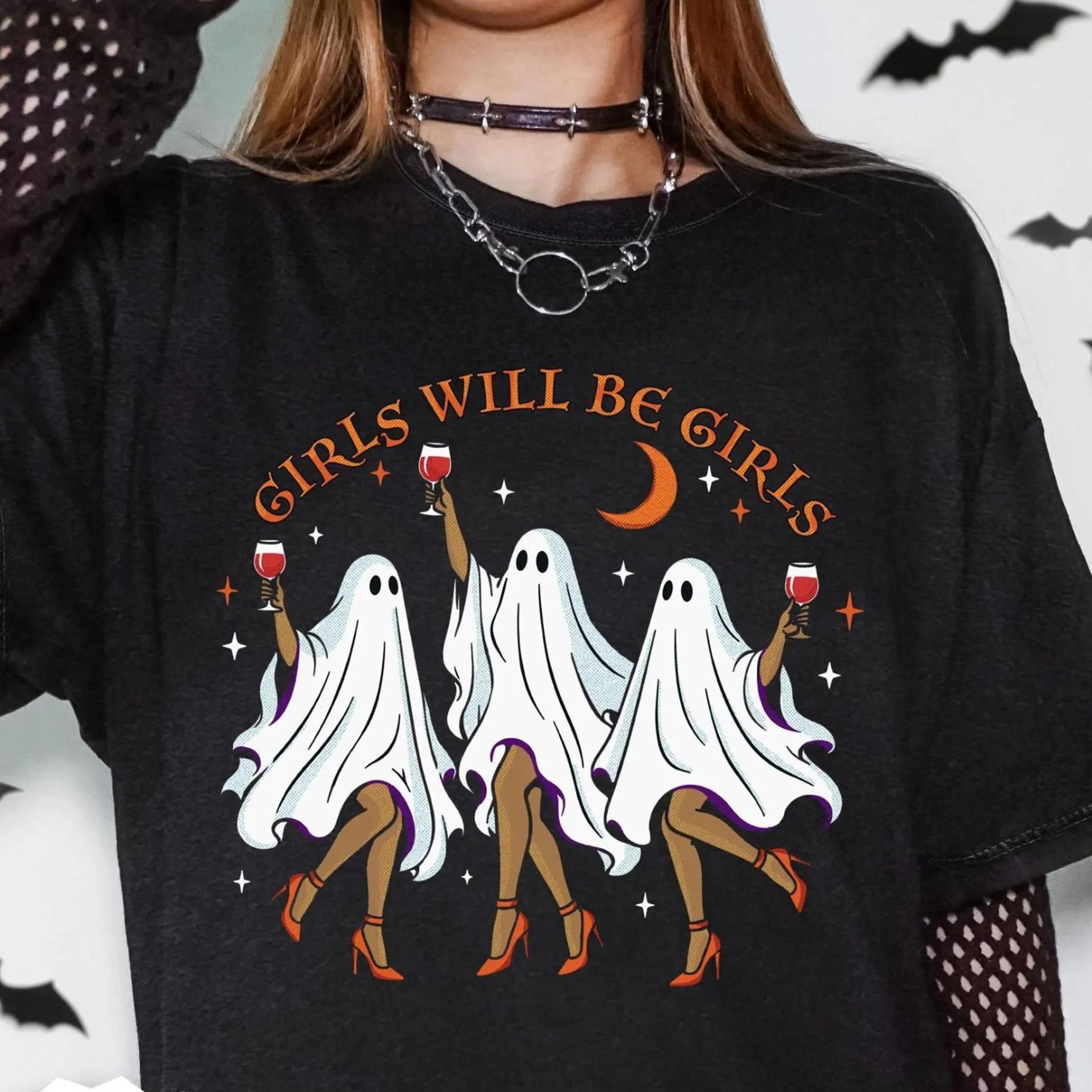girls will be girls ghost shirt, funny halloween ghost friends tee, spooky dancing ghosts, cute ghosts drinking wine, be