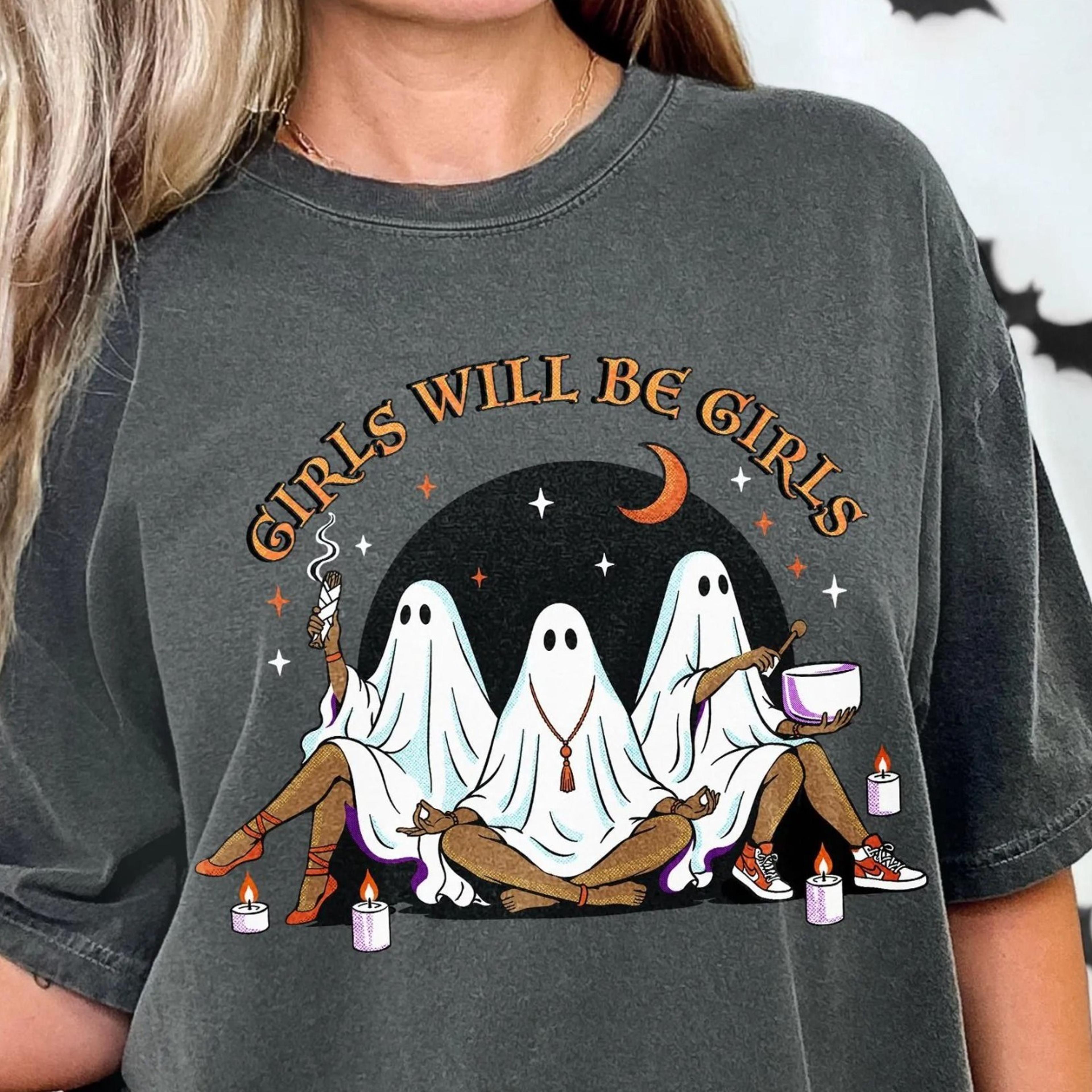 halloween ghost shirt, girls will be girls, spiritual hippie ghosts in meditation, spooky funny ghost tee, retro women's