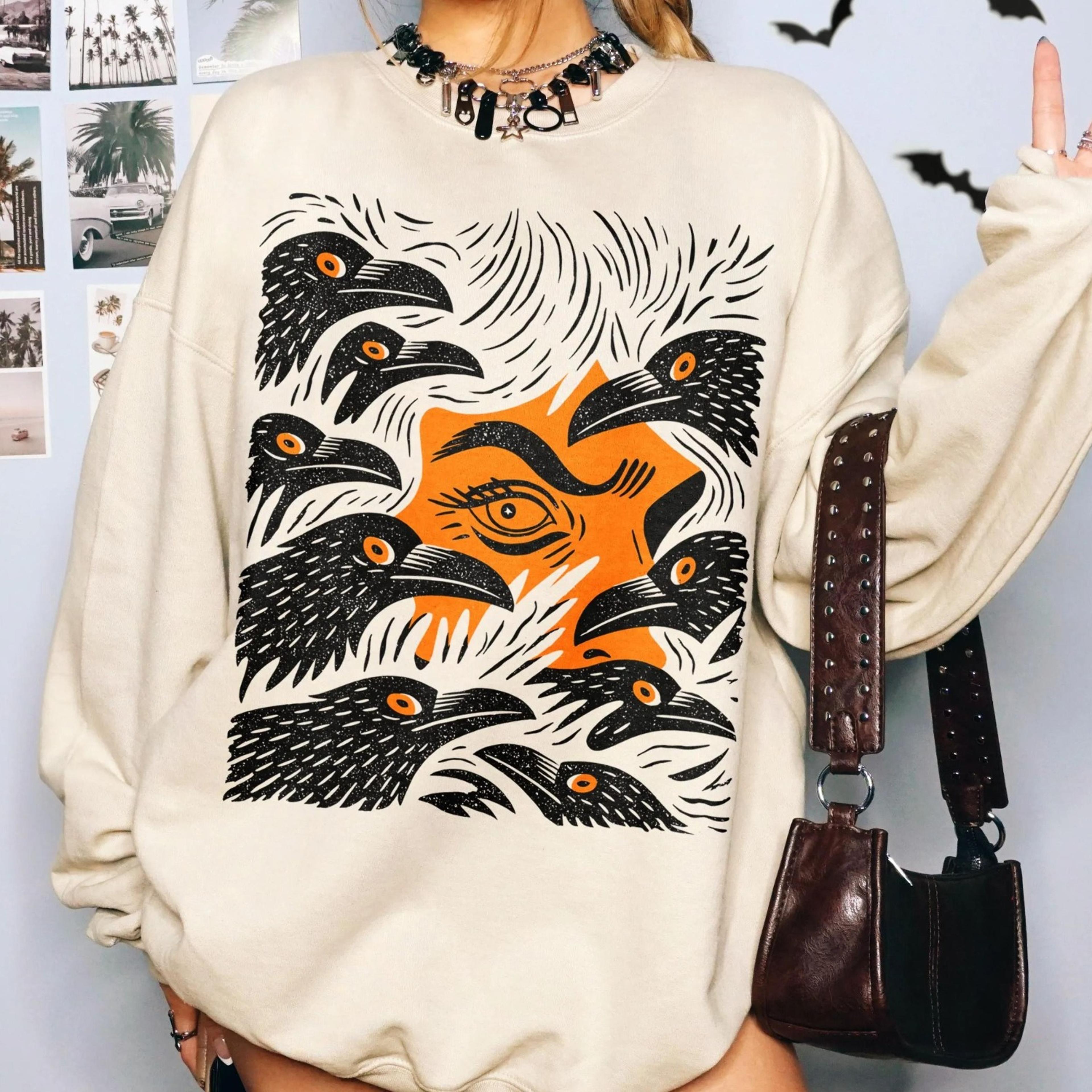 halloween witch crows sweatshirt hoodie & t shirt, witchy crow sweater, vintage linocut raven crow pullover, spooky witc