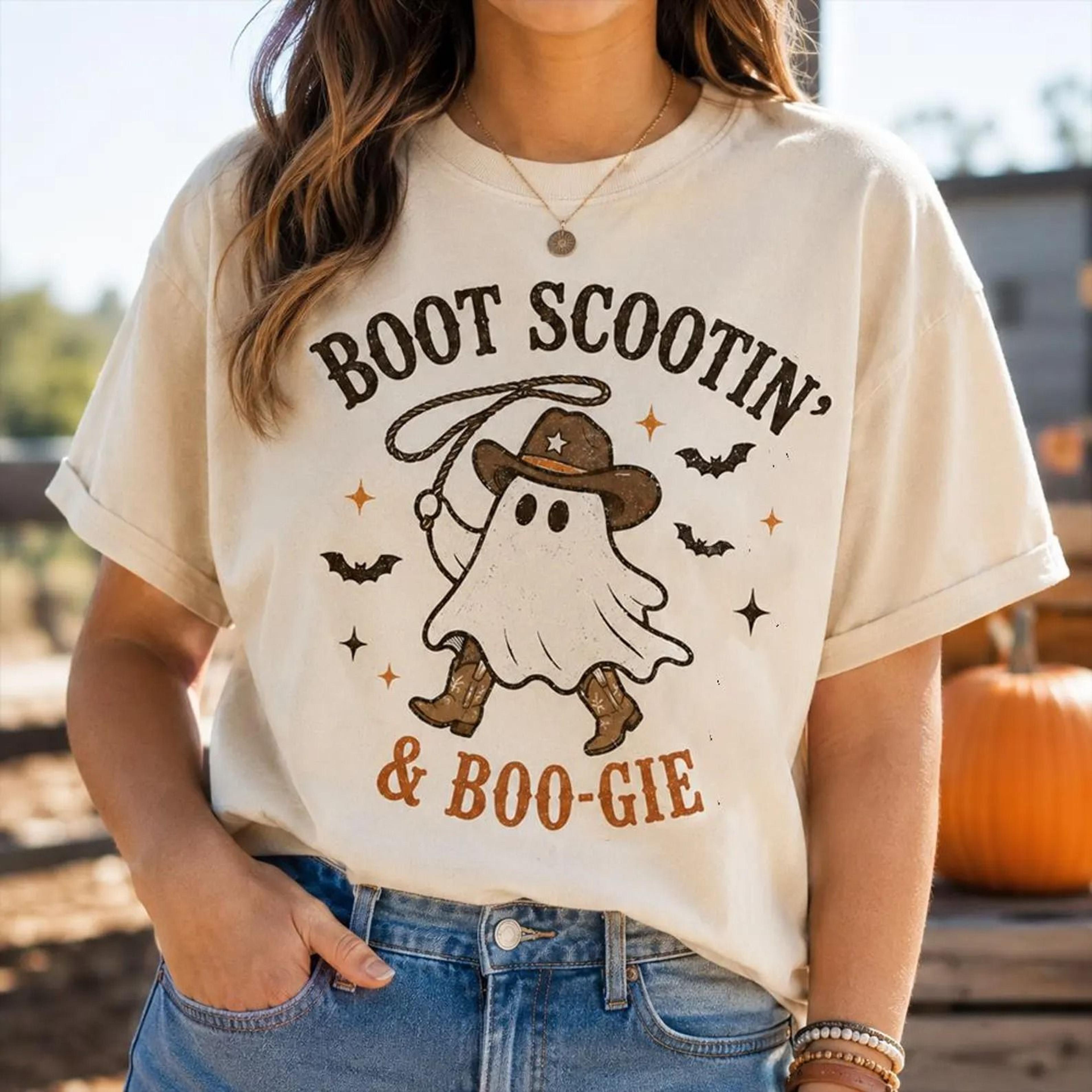 boot scootin' & boo-gie ghost cowboy sweatshirt, halloween western crewneck, comfort colors pullover, cute spooky fall g