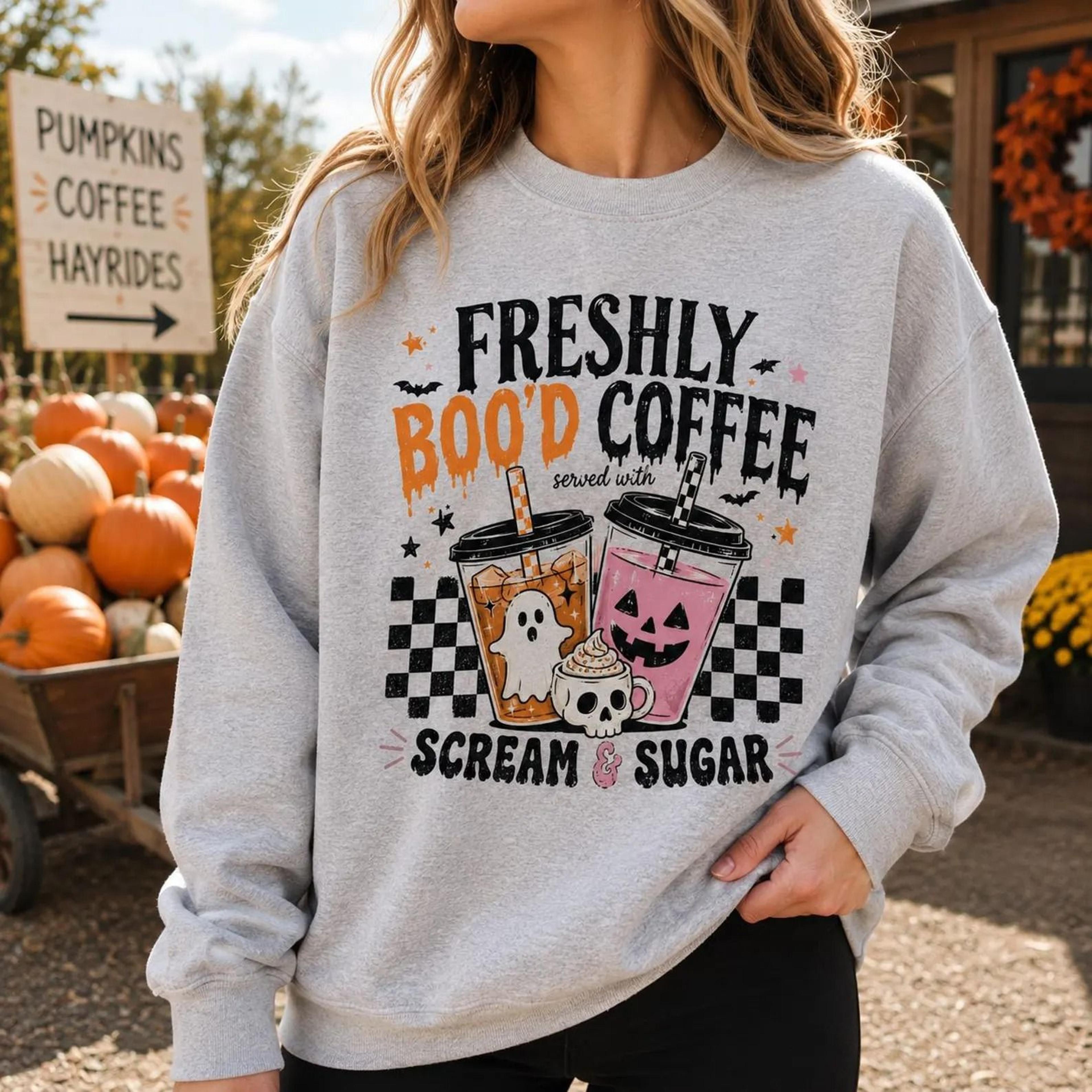 freshly boo'd coffee sweatshirt, halloween coffee lover sweatshirt, ghost pumpkin latte crewneck, spooky fall coffee shi