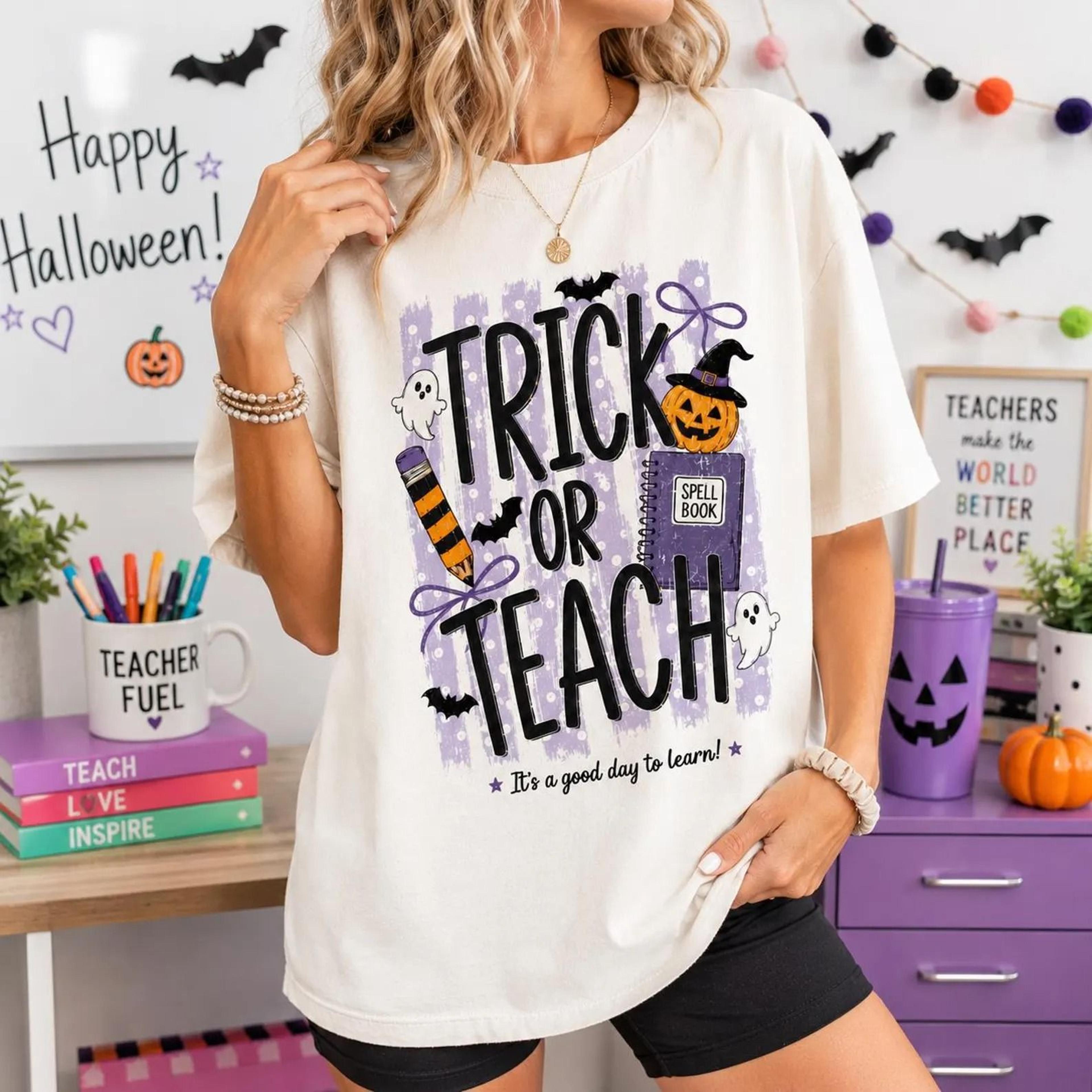 trick or teach shirt, halloween teacher shirt, cute spooky teacher tee, fall teacher gift, ghost pumpkin school shirt, t
