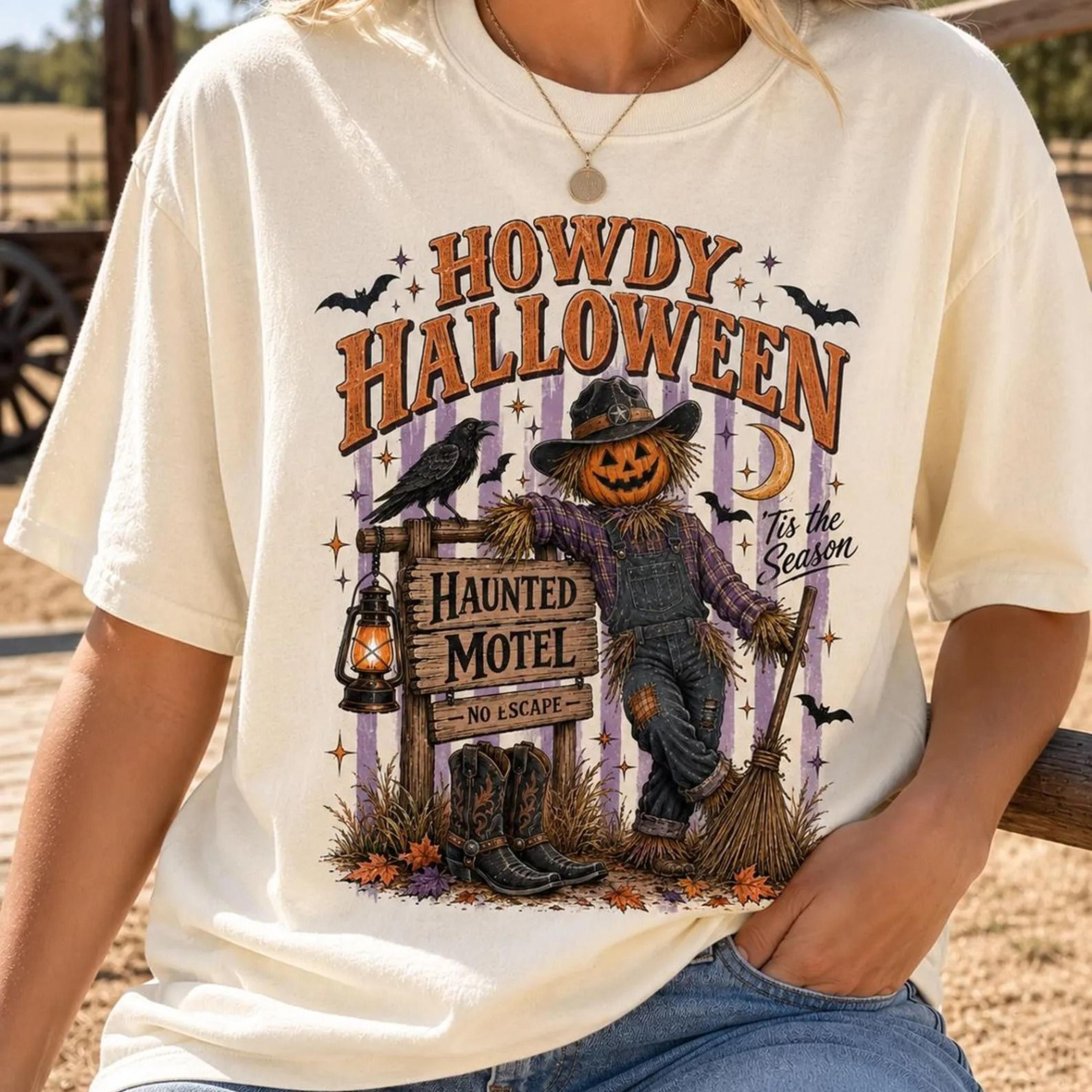 howdy halloween shirt, western halloween shirt, scarecrow pumpkin tee, haunted motel graphic tee, cowgirl fall shirt, vi