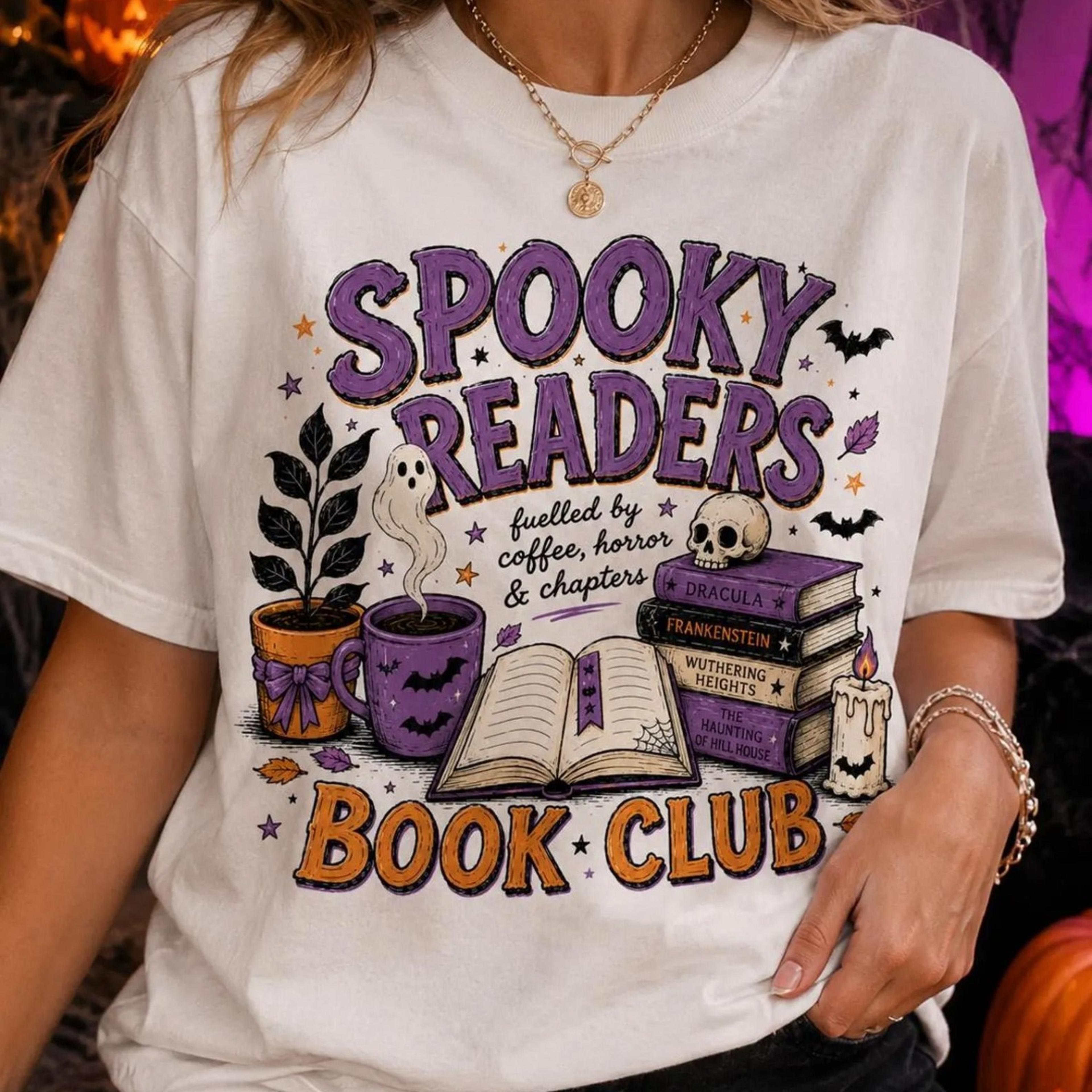 spooky readers book club shirt, halloween book lover tee, fueled by coffee horror & chapters, cozy reading shirt, fall g