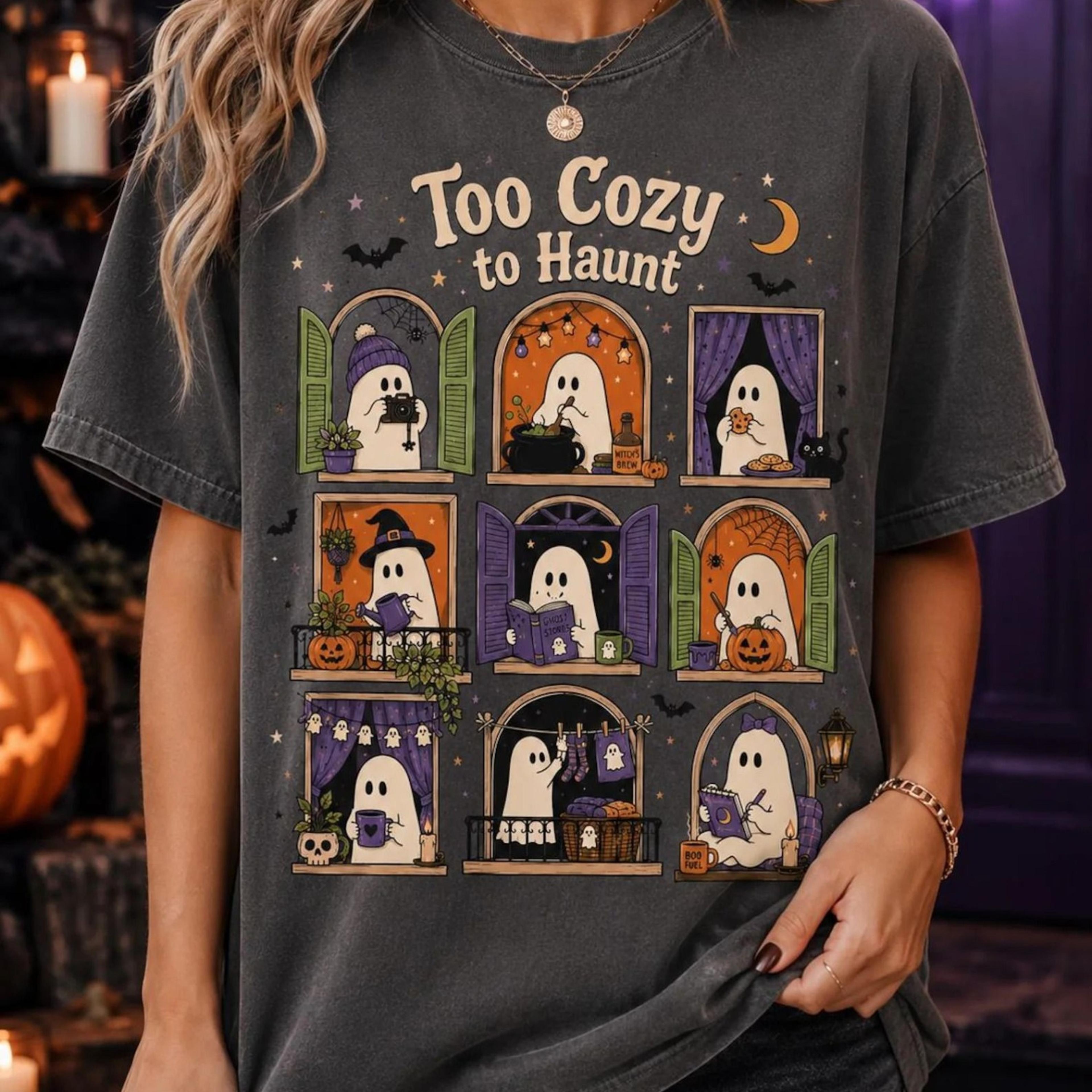 too cozy to haunt shirt, cute ghost halloween tee, halloween shirt, spooky season graphic tee, cozy ghost