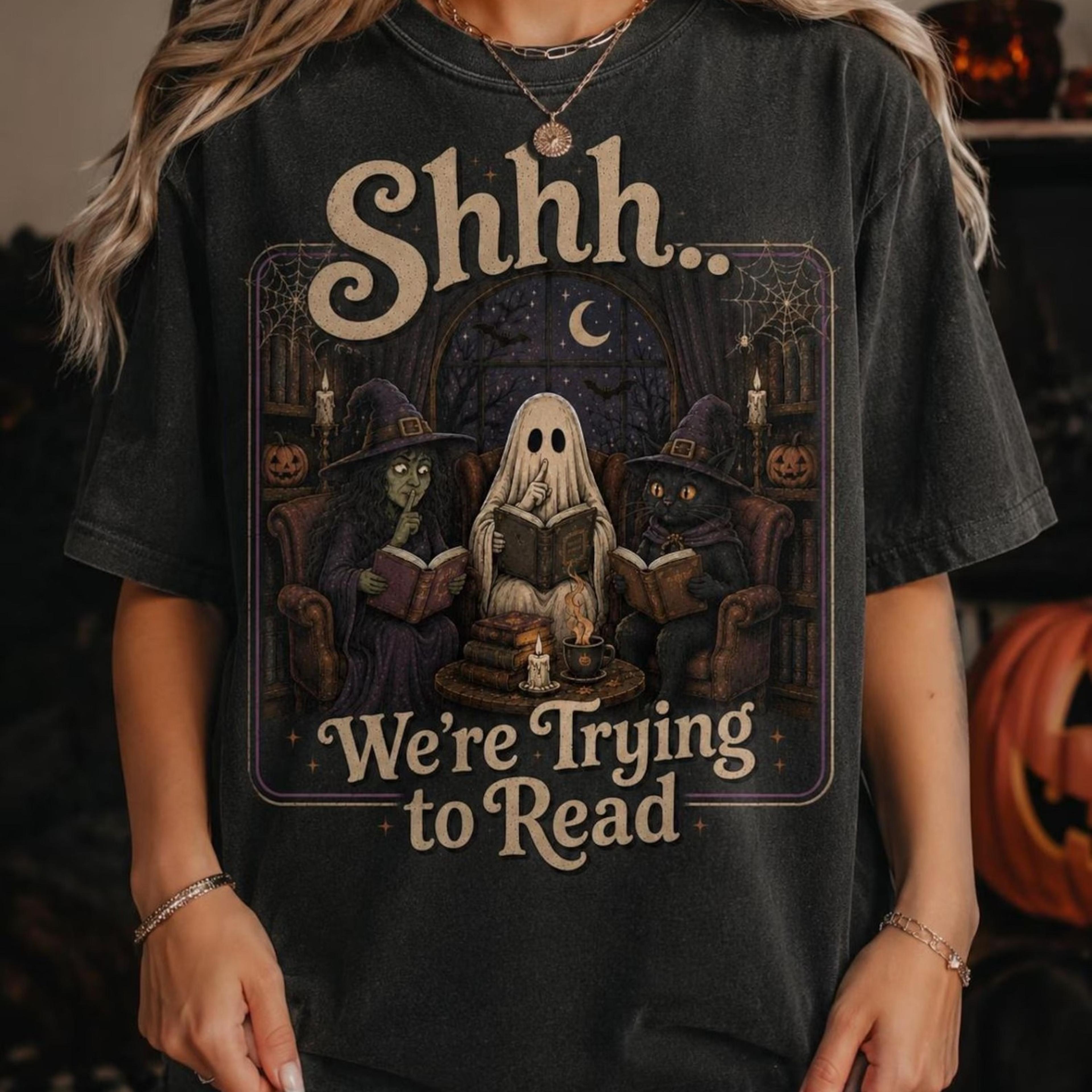 shhh we're trying to read halloween shirt, spooky book lover tee, witch ghost cat reading shirt, halloween book club gif