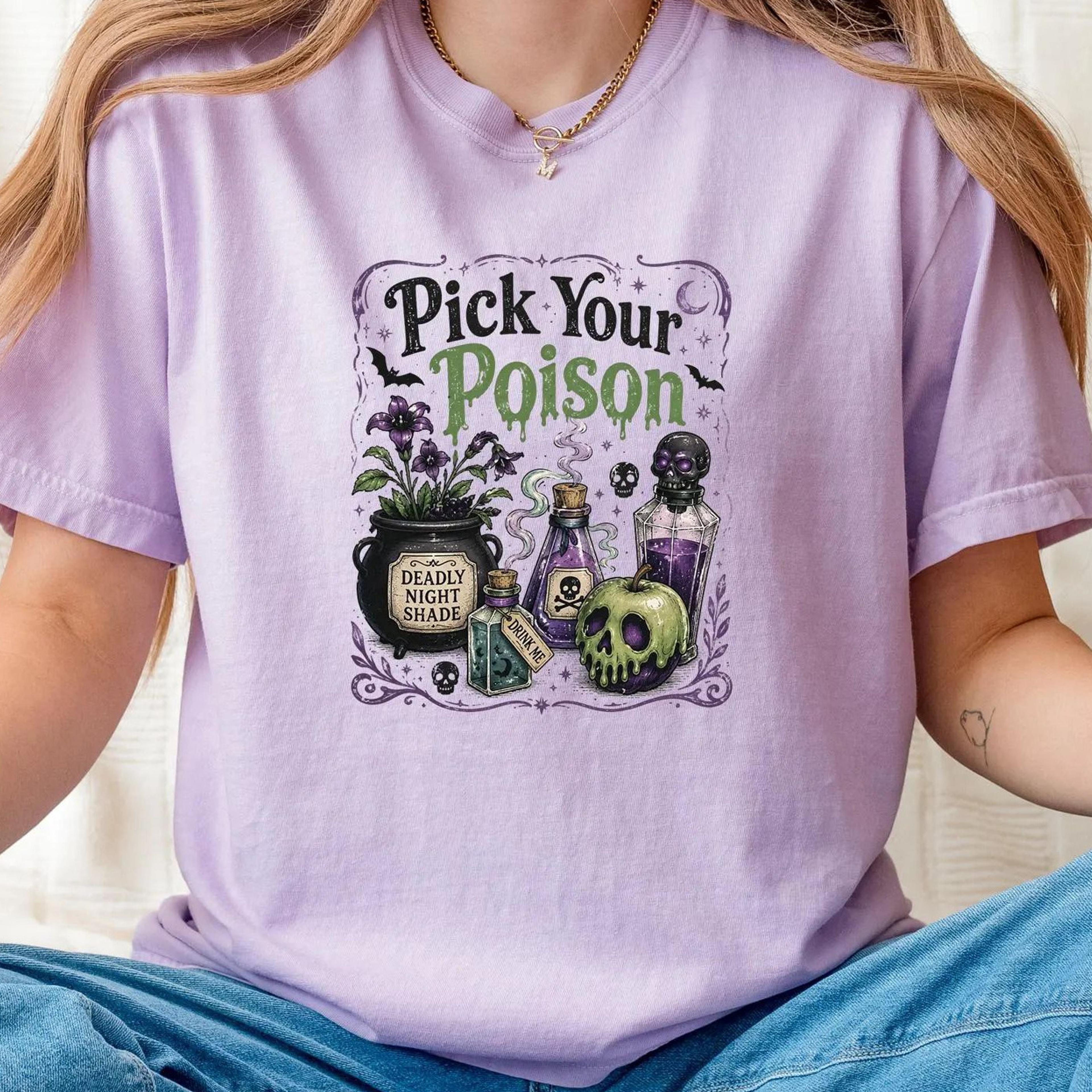 pick your poison halloween shirt funny witch spooky season graphic tee