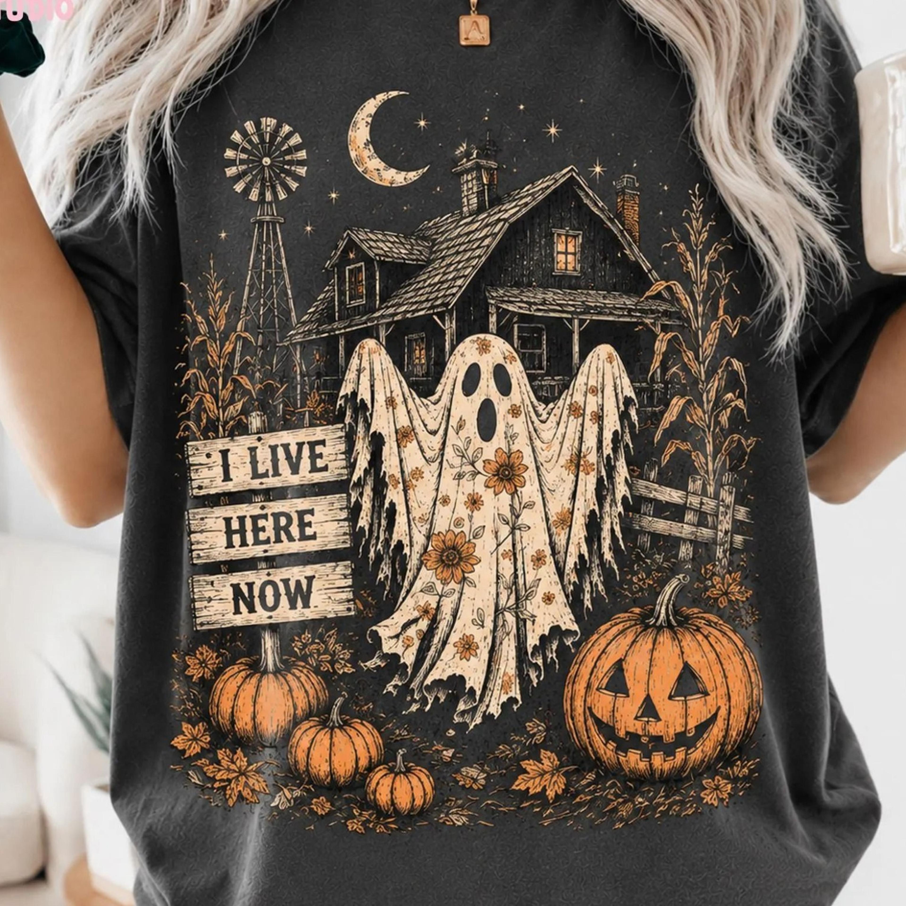 vintage ghost i live here now shirt, funny halloween ghost shirt, floral ghost pumpkin tee, spooky season fall shirt, cu