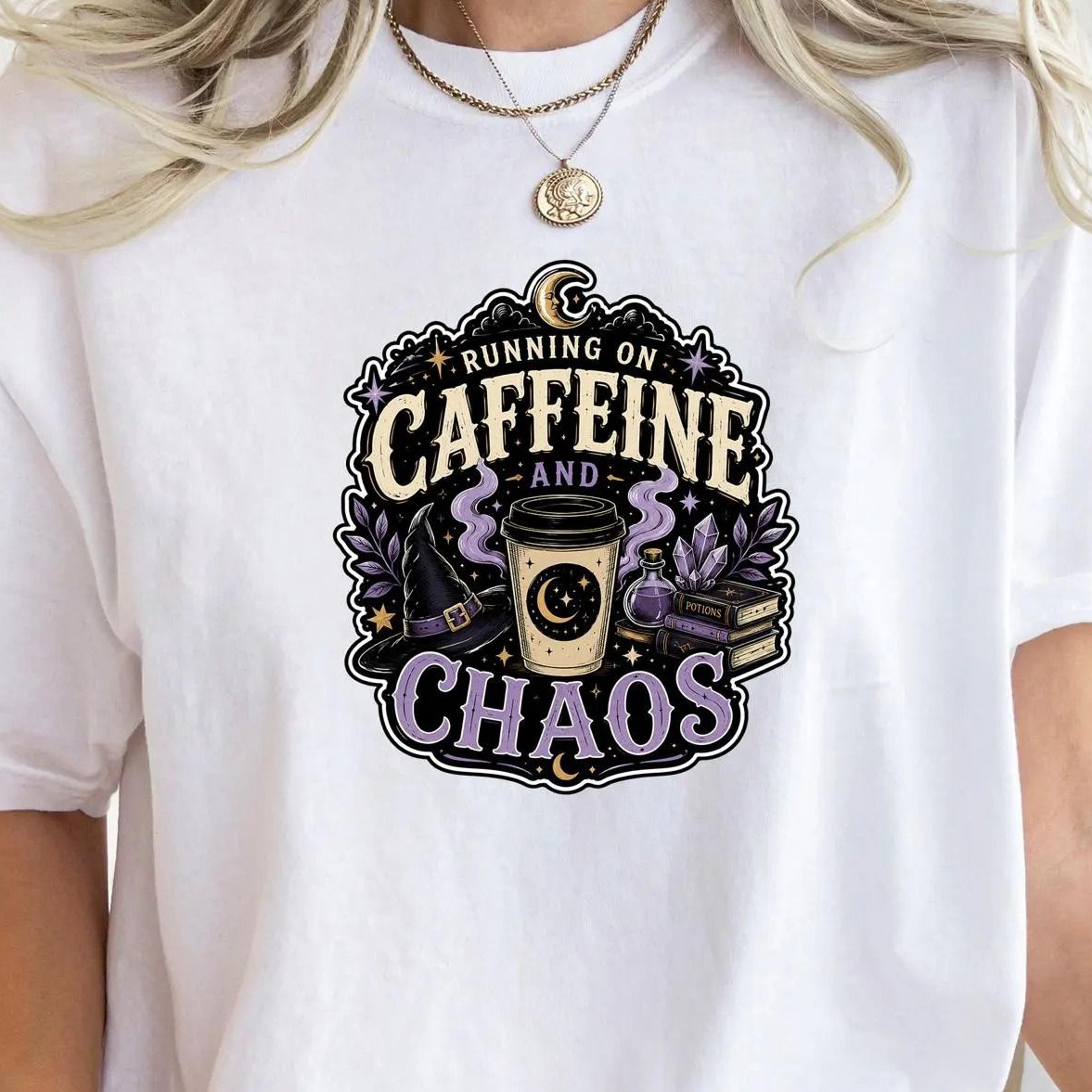 running on caffeine and chaos shirt gothic witchy halloween graphic tee