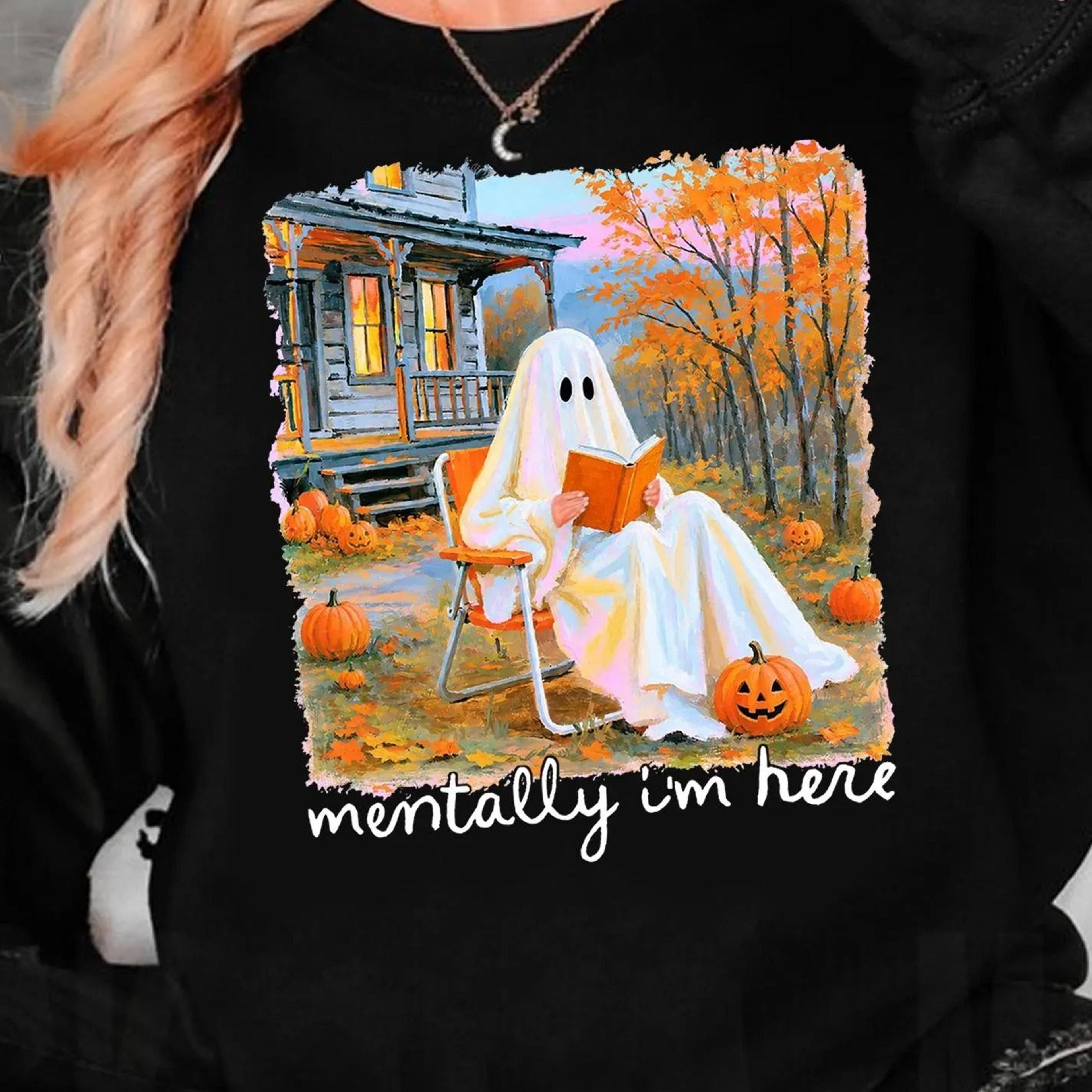 mentally i'm here ghost reading book shirt, cozy fall reading ghost tee, book lover halloween shirt, autumn pumpkin cott