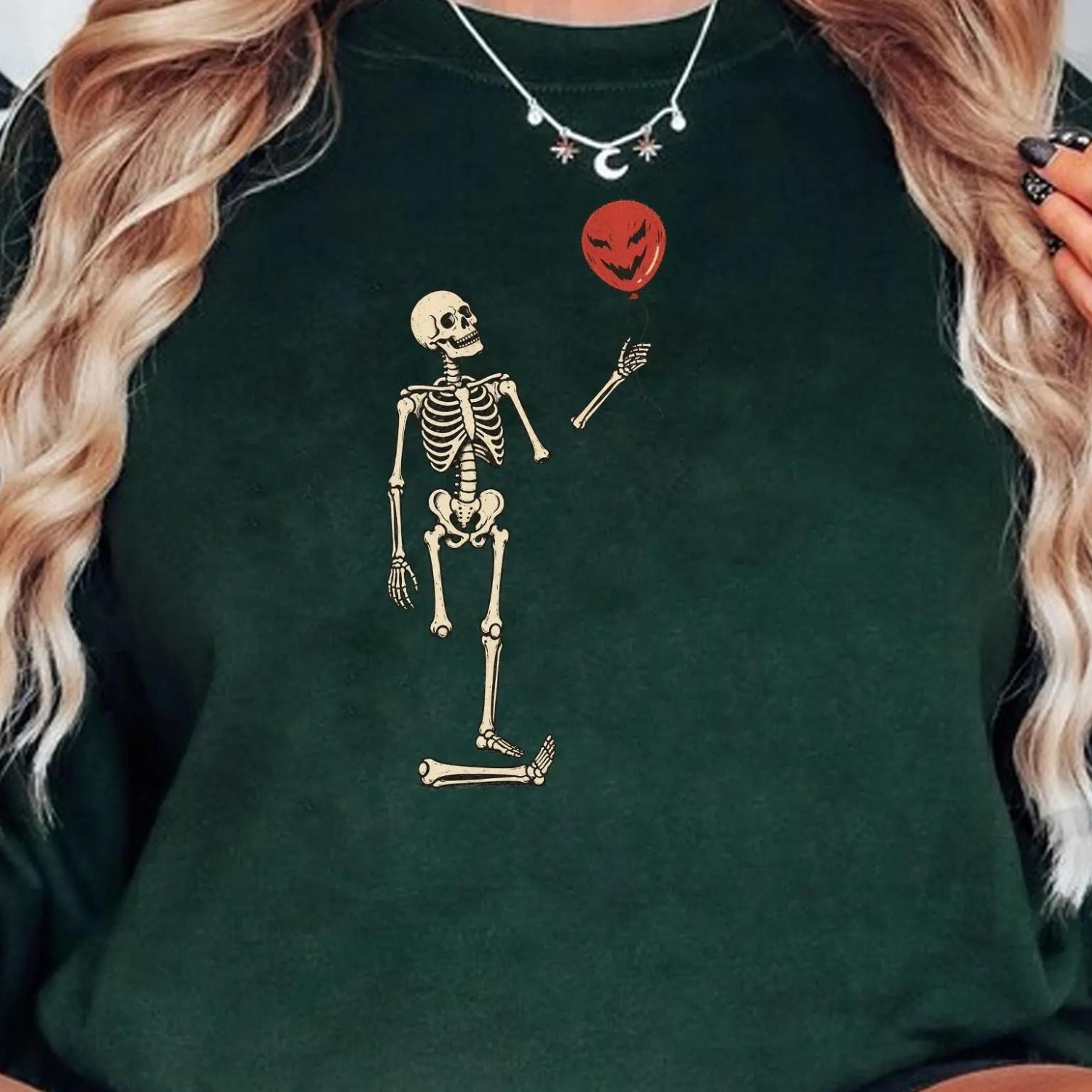 skeleton holding halloween balloon shirt, spooky skeleton sweatshirt, creepy cute halloween tee, ghost balloon shirt, ha