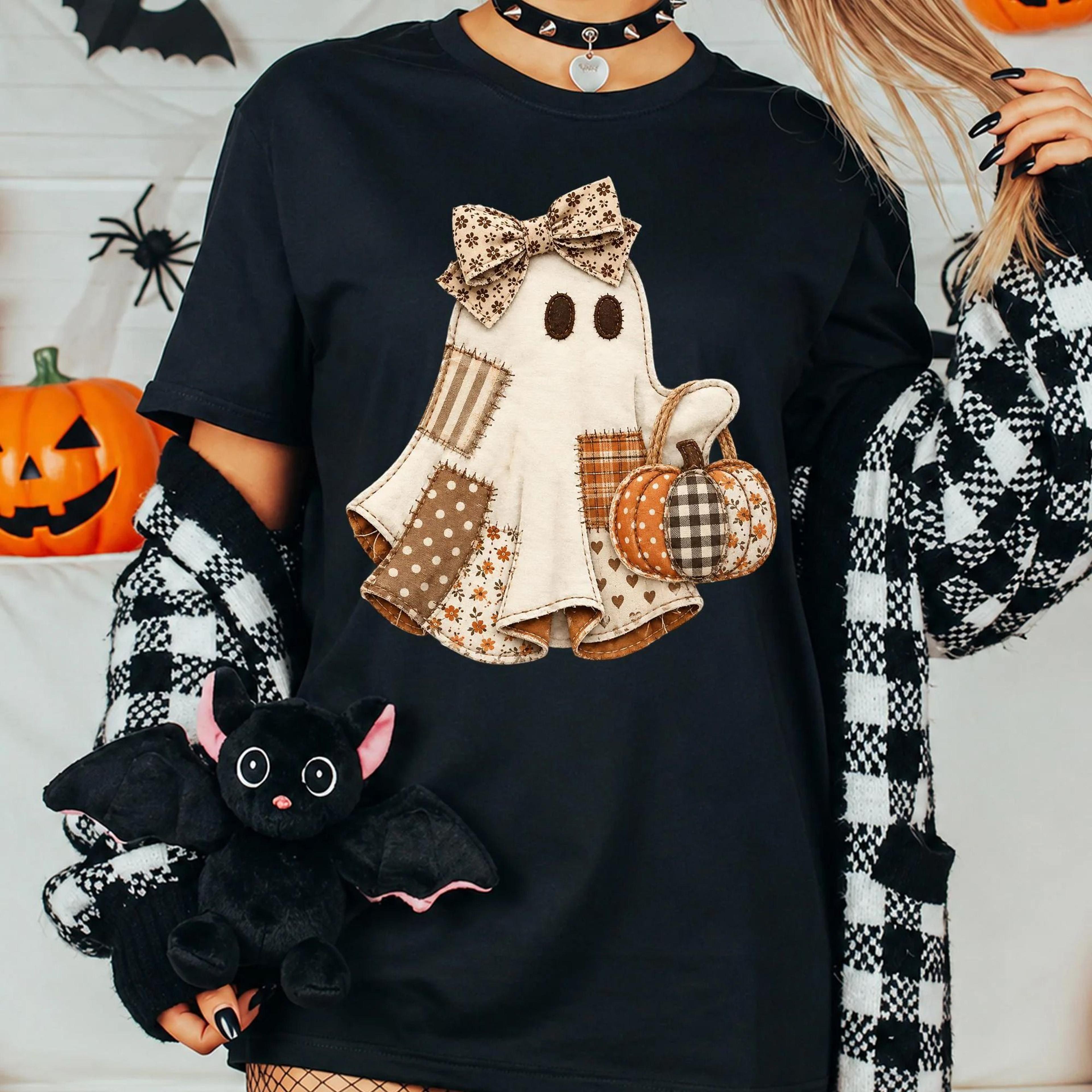 faux patchwork floral ghost holding pumpkin t-shirt, vintage ghost halloween shirt, coquette ghost fall t