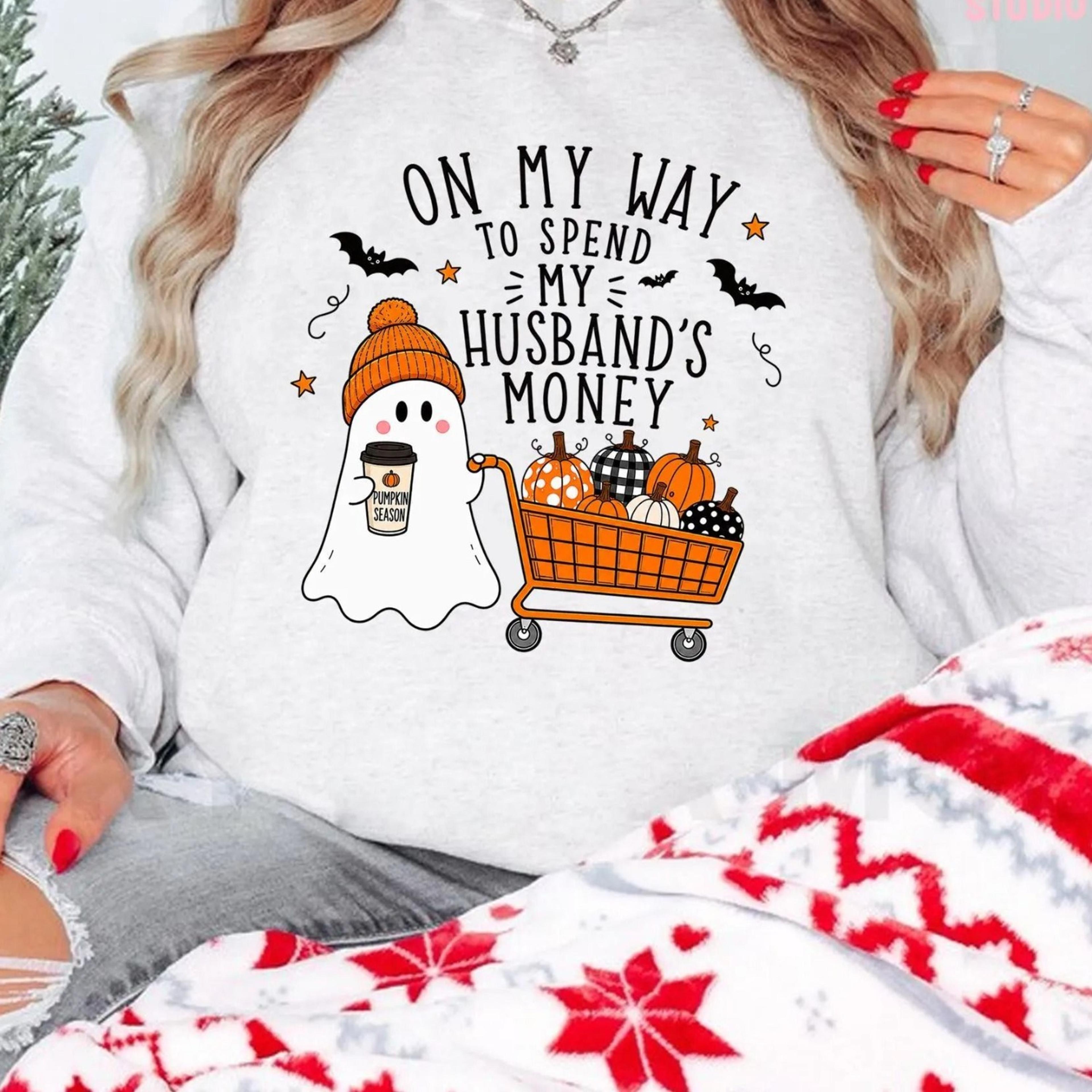 ghost pushing pumpkin cart and pumpkin latte shirt, on my way to spend my husband's money tee, funny halloween pumpkin s