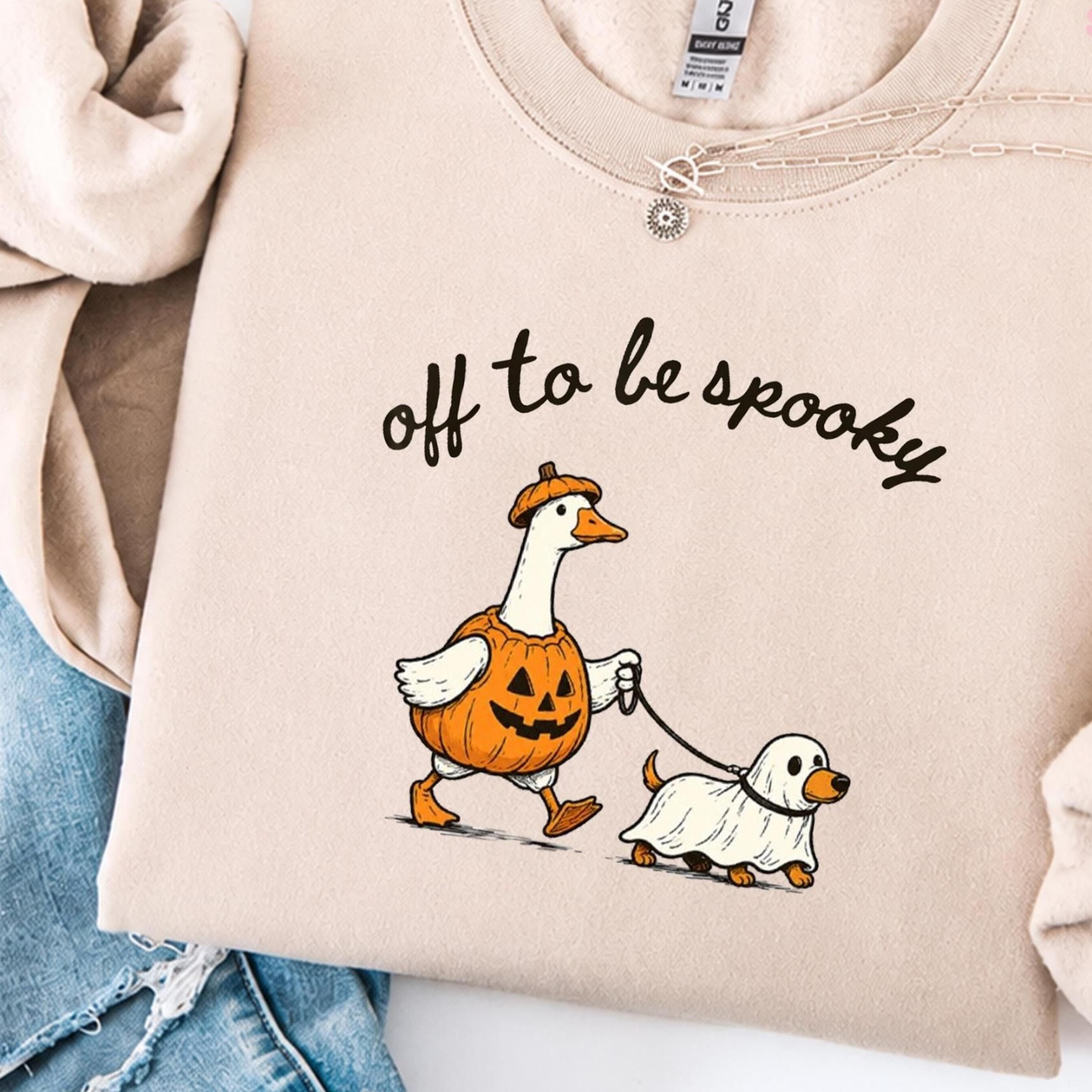 funny goose walking ghost dog shirt, off to be spooky goose halloween shirt, cute pumpkin goose fall graphic tee, spooky