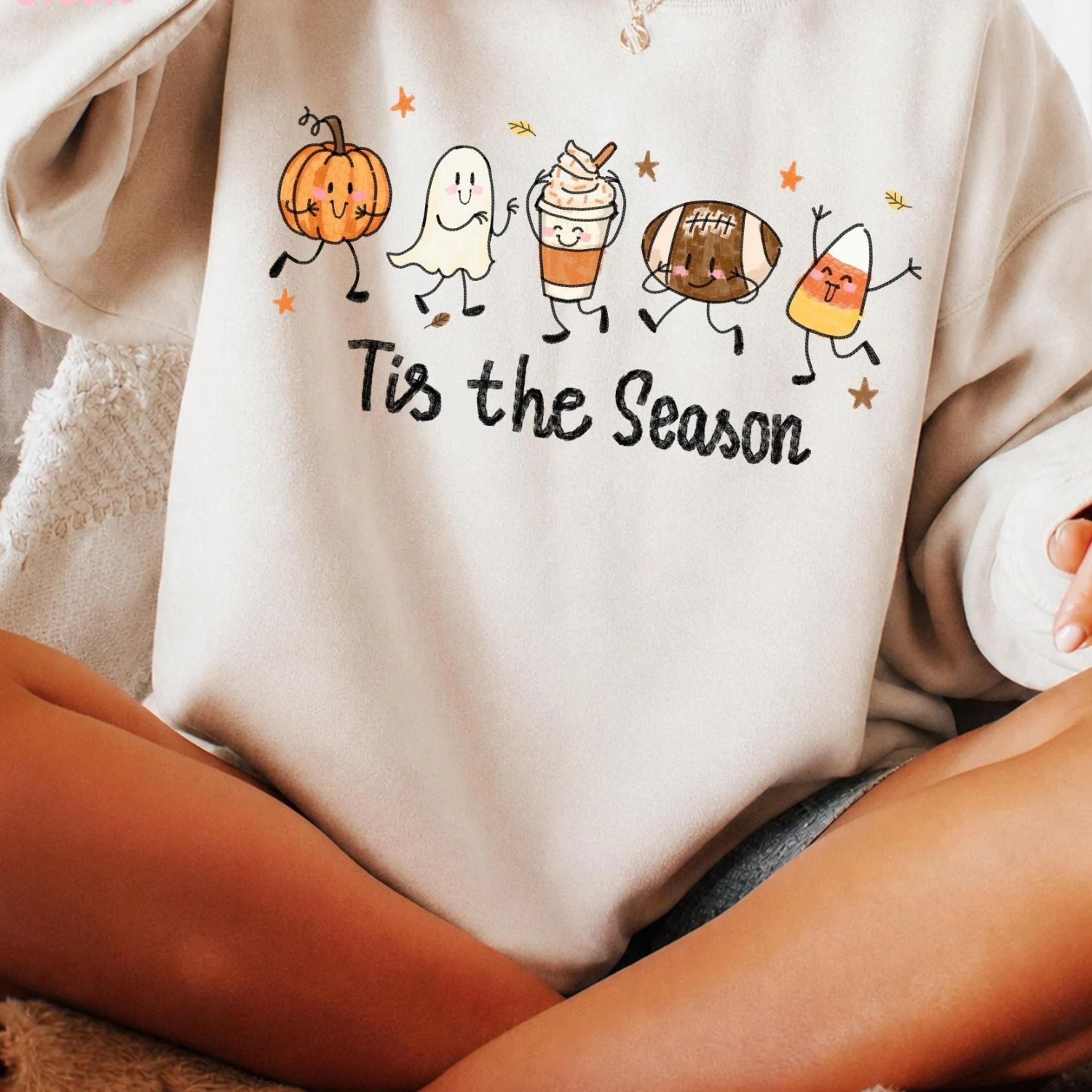 cute halloween pumpkin ghost football coffee candy corn shirt tis the season fall doodles tee, cozy autumn sweatshirt