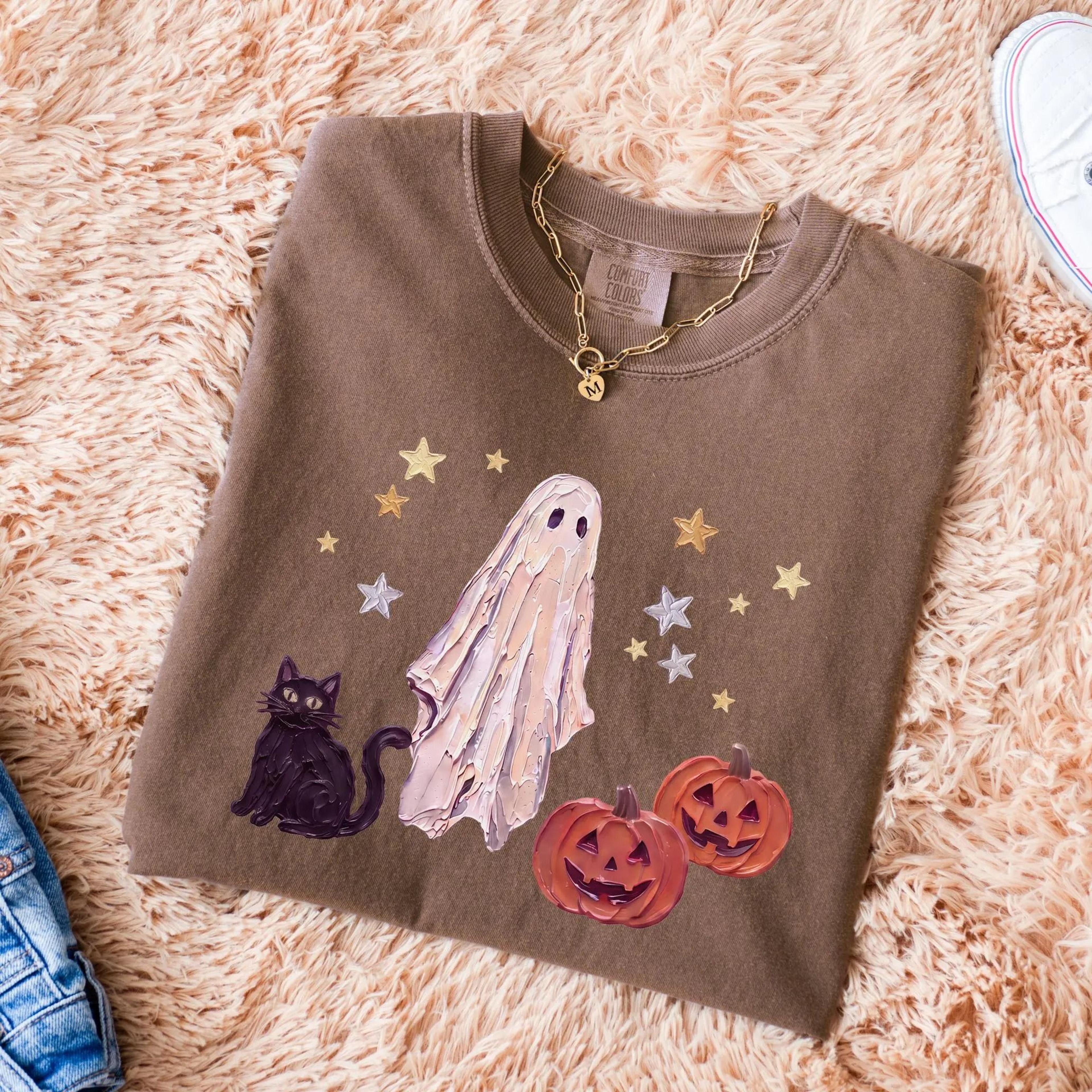 shirt, halloween black cat ghost shirt, ghost pumpkin t shirt, cute ghost shirt, fall gifts for halloween