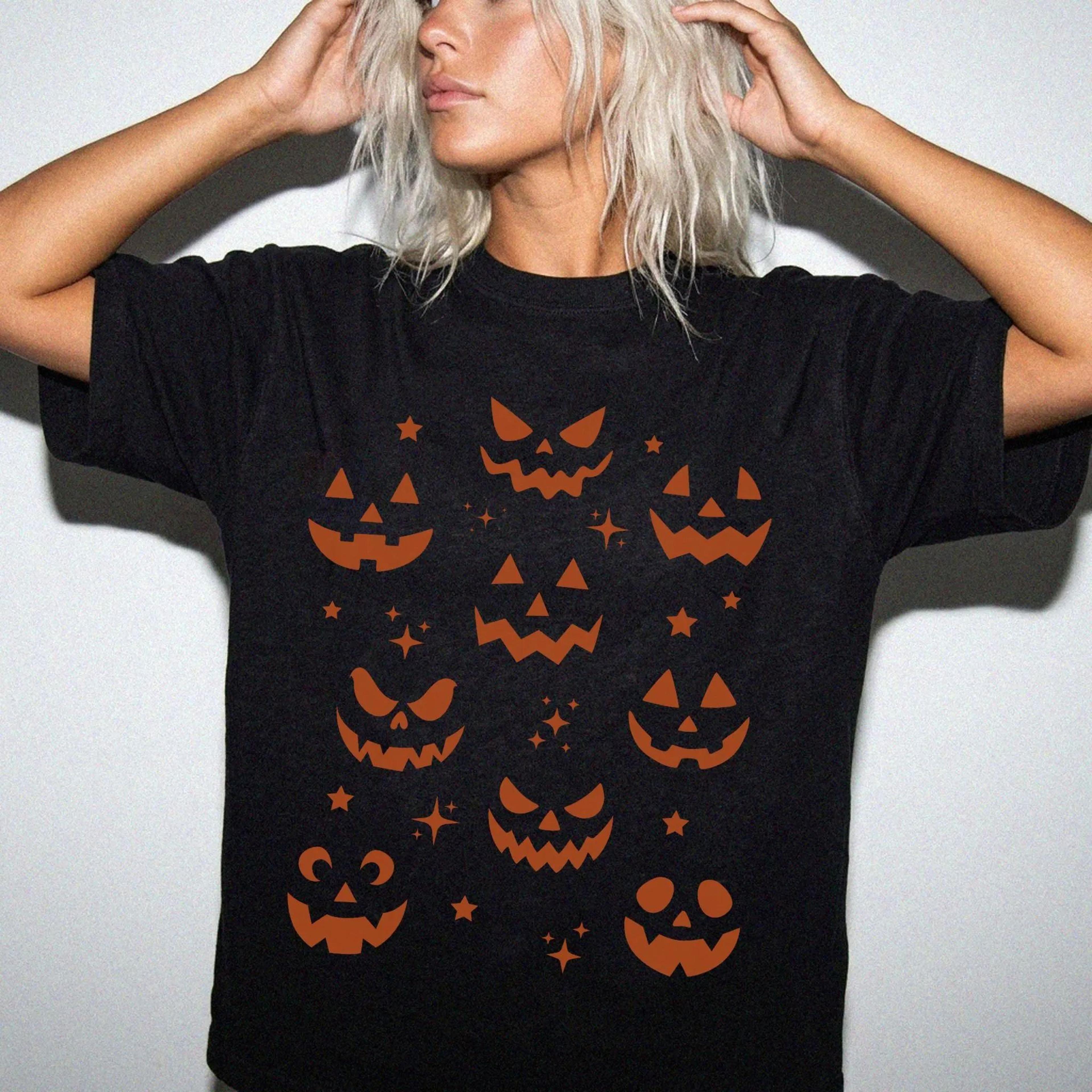 womens halloween pumpkin shirt, spooky party tee, fall pumpkin t-shirt, jack o lantern face shirt