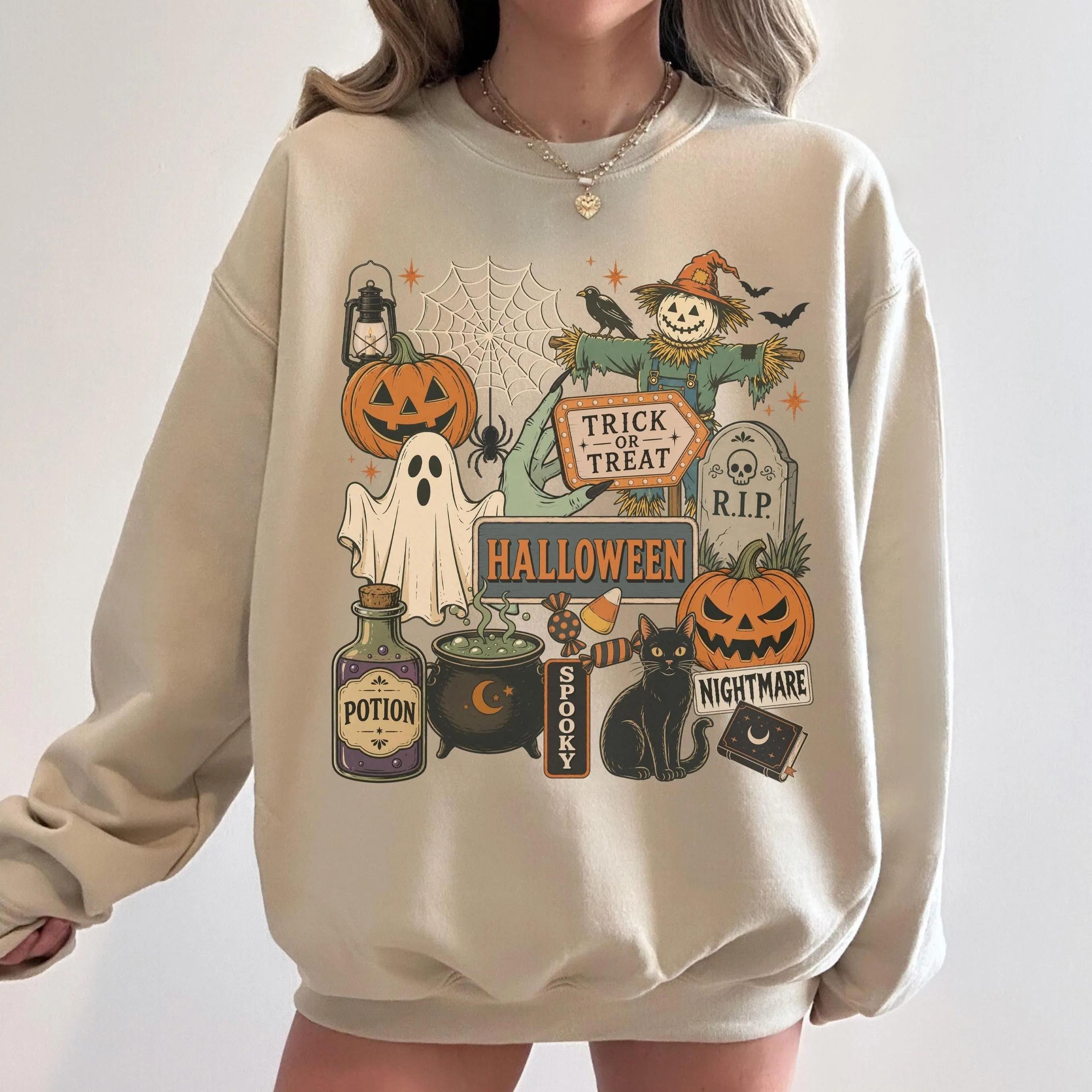 vintage halloween sweatshirt women's halloween crewneck spooky tee black cat shirt witch ghost pumpkin t-shirt fall swea