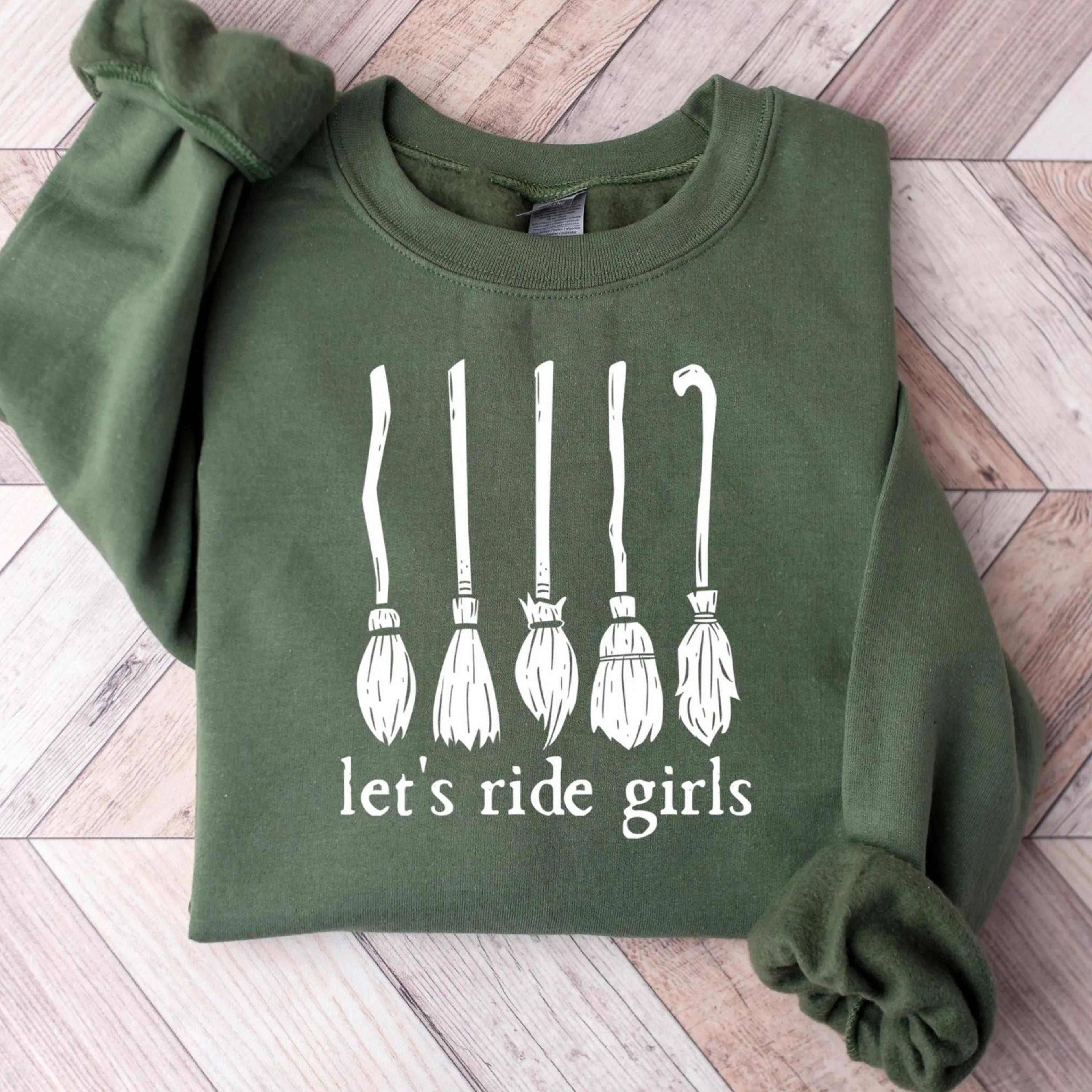 halloween let's ride girls shirt, funny witch broom t-shirt, girls night out tee, spooky season pumpkin witch sweatshirt
