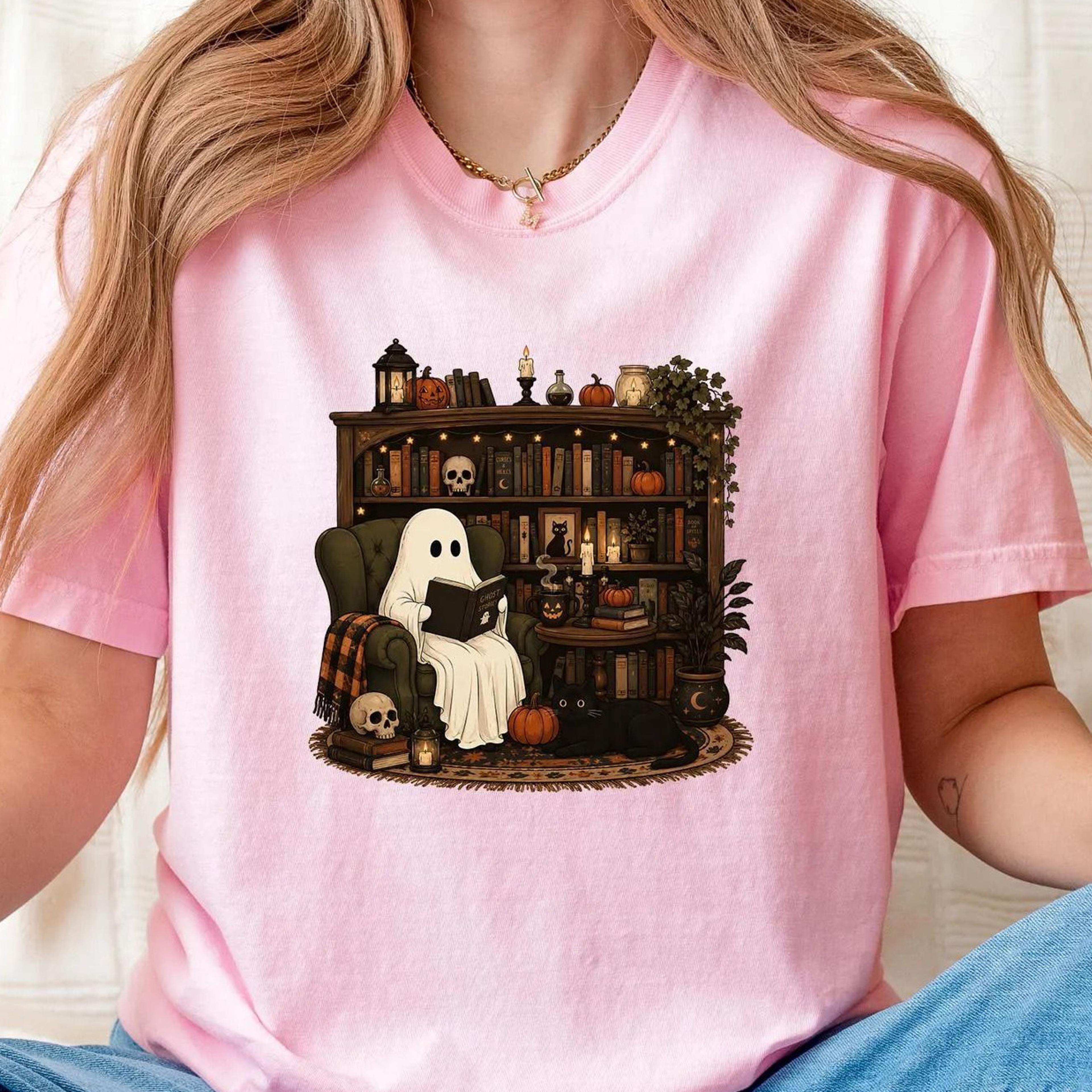 cozy ghost reading nook shirt, halloween tee, book lover gift